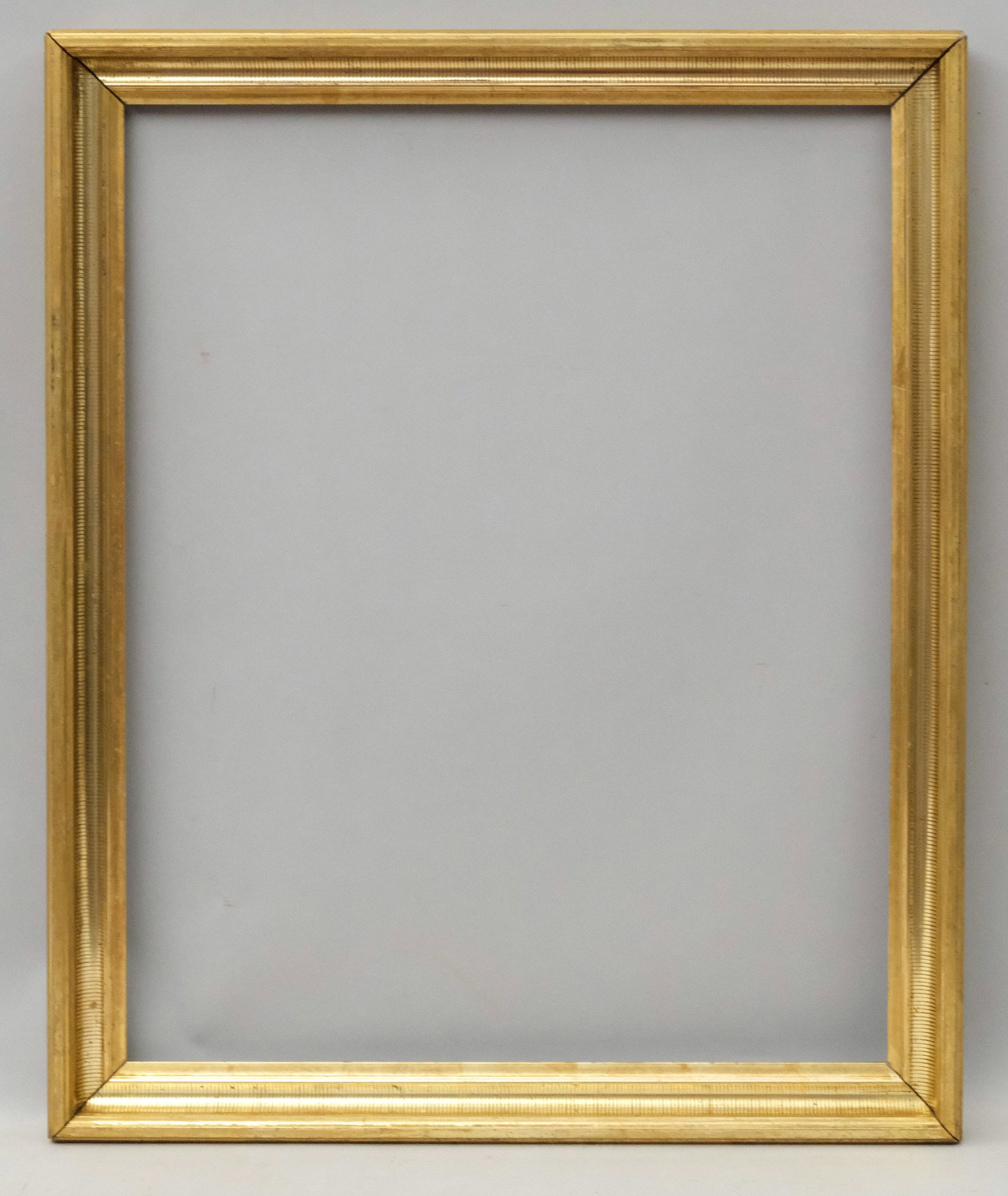 American Lemon Gold Stenciled Frame: American circa 1860 cove profile with fluted cove stencil decoration in a great standard size. Rabbet 24" X 30" overall 28" X 34" molding 2 1/4"