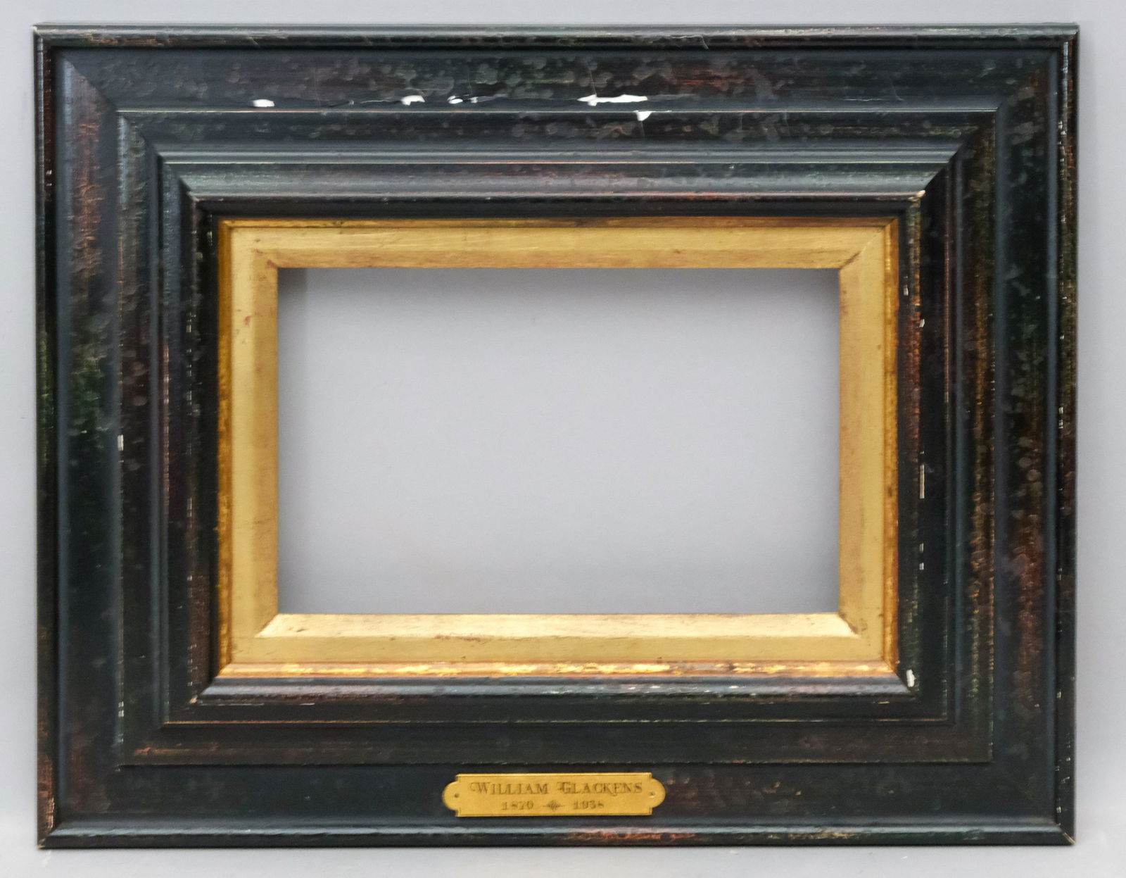 Custom Ebonized Frame: American, 20th century. Finely wrought ebonized frame with gilt liner, bears nameplate for William Glackens. Rabbet 6 1/2" X 10 1/2" overall 15" X 18 1/2" molding width 4 1/4"