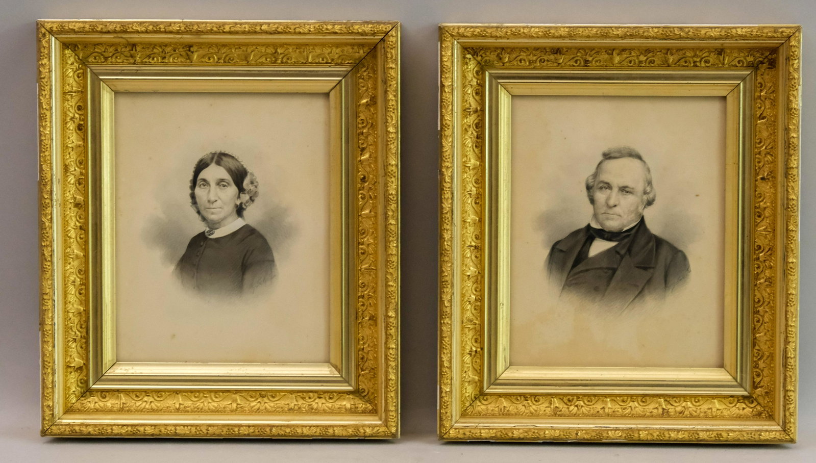 Pair of Lemon Gold Frames: American, ca. 1870, Lovely original surface, currently housing watercolor portraits signed illegibly, original glass and backs, Rabbet: 8" x 10" Overall Dimensions: 12 1/2" x 14 1/2" Molding Width: 2 