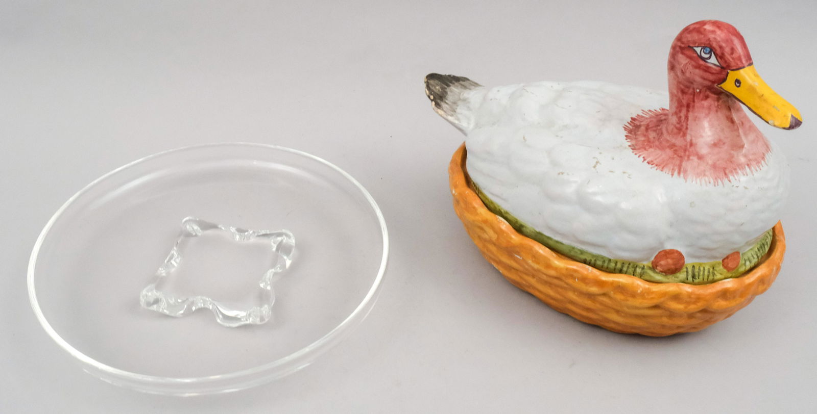 Faience Duck in Nest Covered Dish & Steuben (1 of 10)