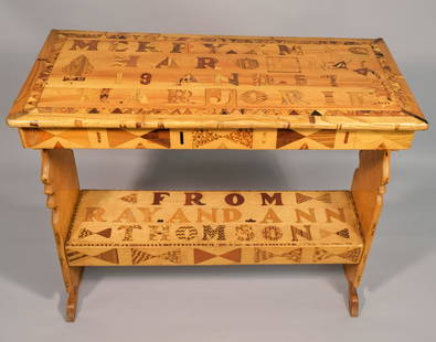 Folk Art Inlaid Console Table: Elaborately Inlaid Folk Art Christmas Table for Ray & Ann Thomson, 1957, with plaque on bottom. 15 1/2" x 32 3/4" x 28 1/2" H.