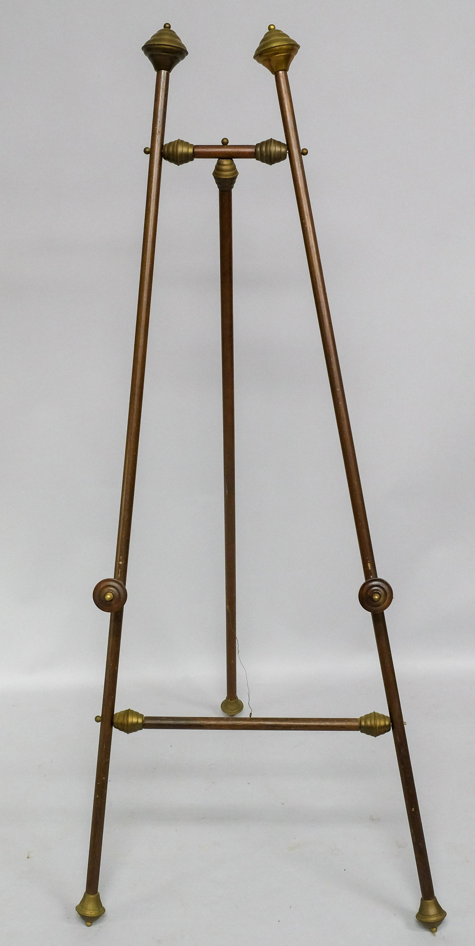 19th Century Wood & Brass Easel: Orientalist style brass finials and turnings. 62" tall x 26".