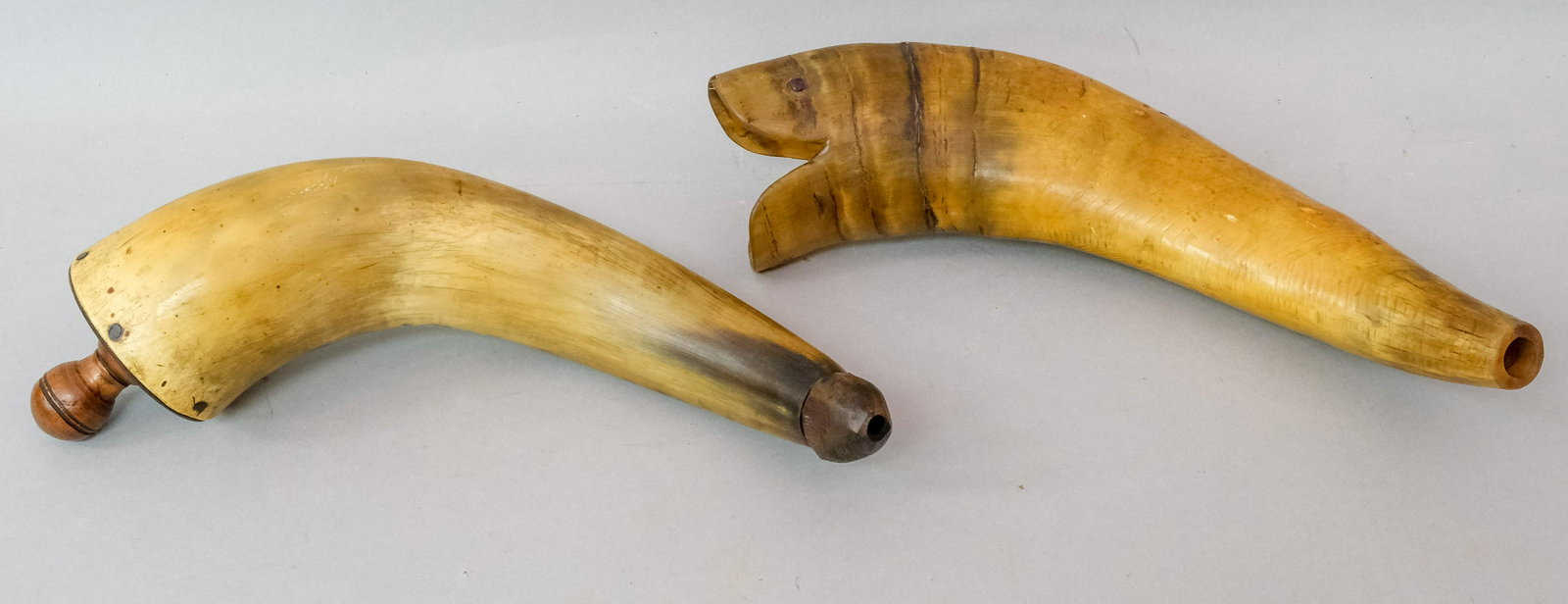 Antique Powder Horn & A Horn Fish: The powder flask with wood turned top and cap and the fish with bejeweled eyes. Powder horn 11".