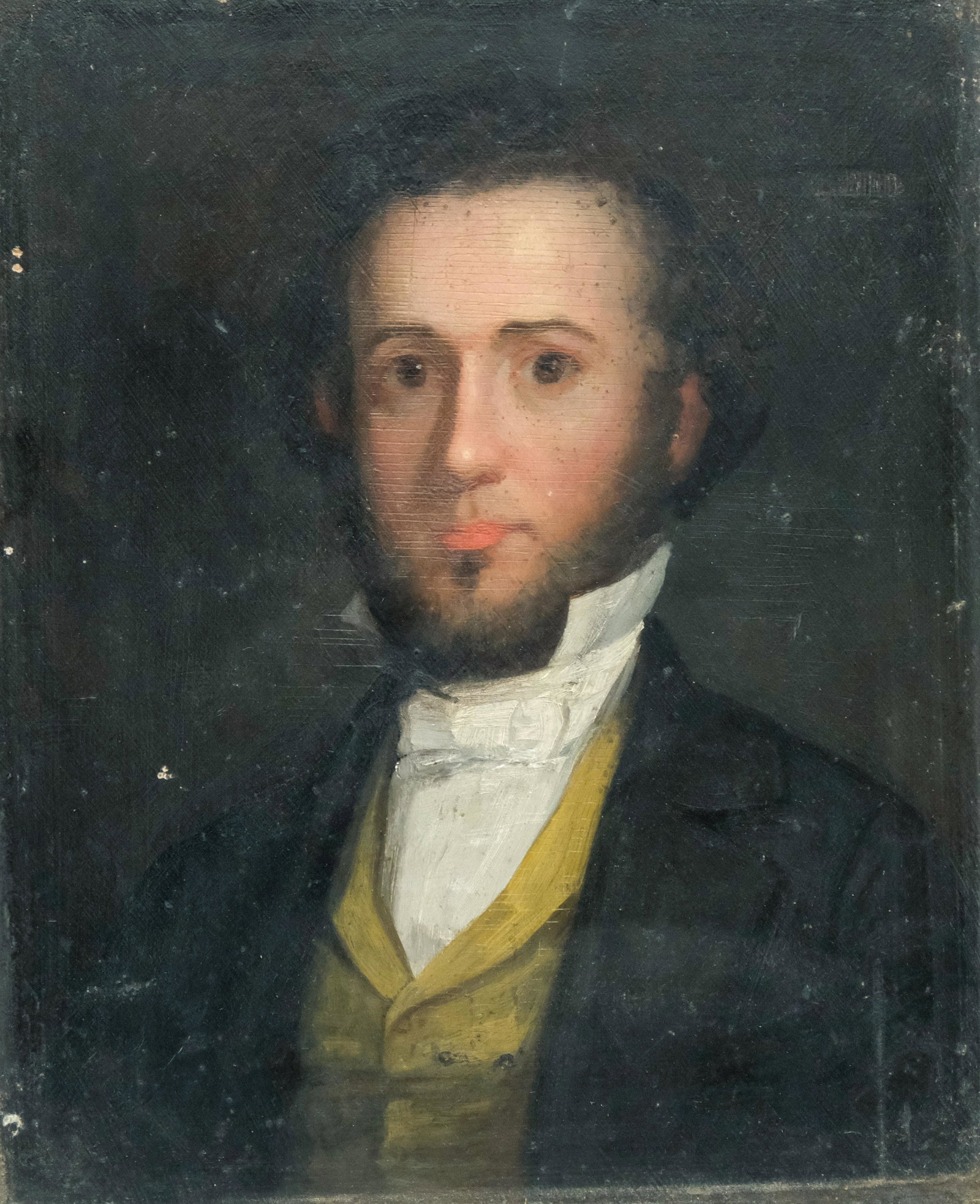 American School, Portrait of a Young Man: American, ca. 1820, oil on wooden panel portrait of a bearded young man with a yellow vest, nicely painted early portrait, 10" x 12" panel, unframed.