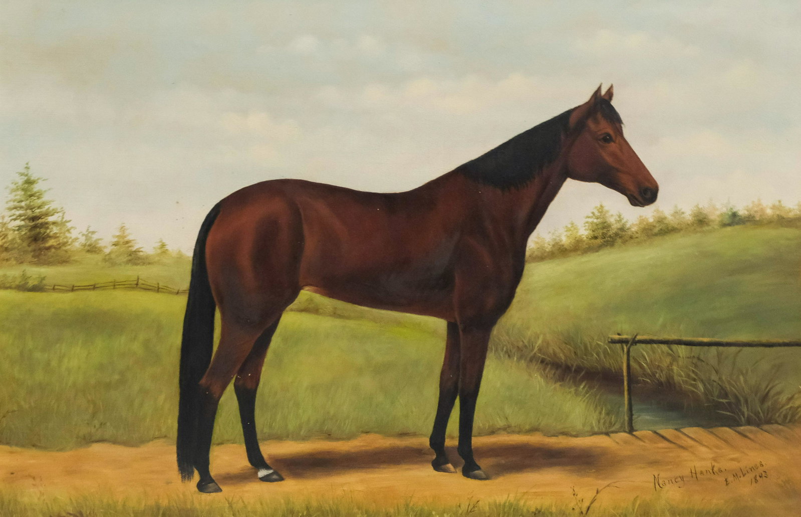 E. M. Lines, "Nancy Hanks": American, ca. 1893, oil on canvas depicting the famous race horse, titled, signed, and dated l.r. "Nancy Hanks, E.M. Lines, 1893" housed in a period lemon gold frame, 16" x 24" canvas, 19 1/4" x 27 1/