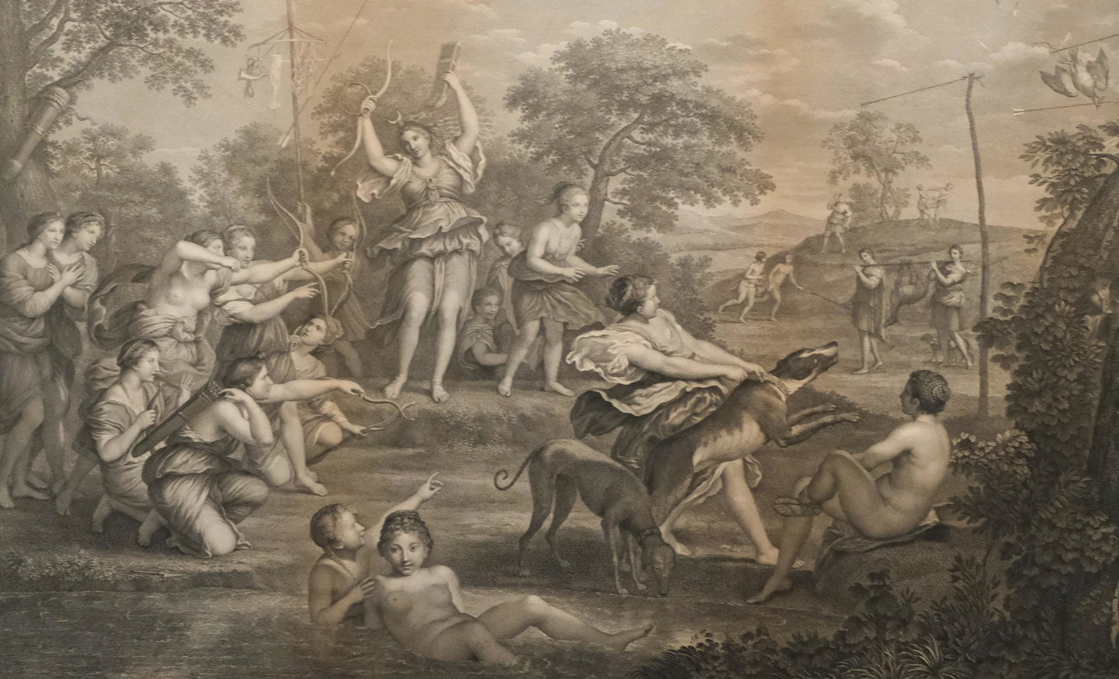 After Domenichino, 18th Century Engraving: Rome, ca. 1790, after Domenichino (1581-1641, Italian) "Deliae Tutela Deae Fugaces - Lyncas et Cervos Cohibents Arcu" Engraving, by Raphael Morghen (1758-1833 Italian) nicely presented in a custom fra
