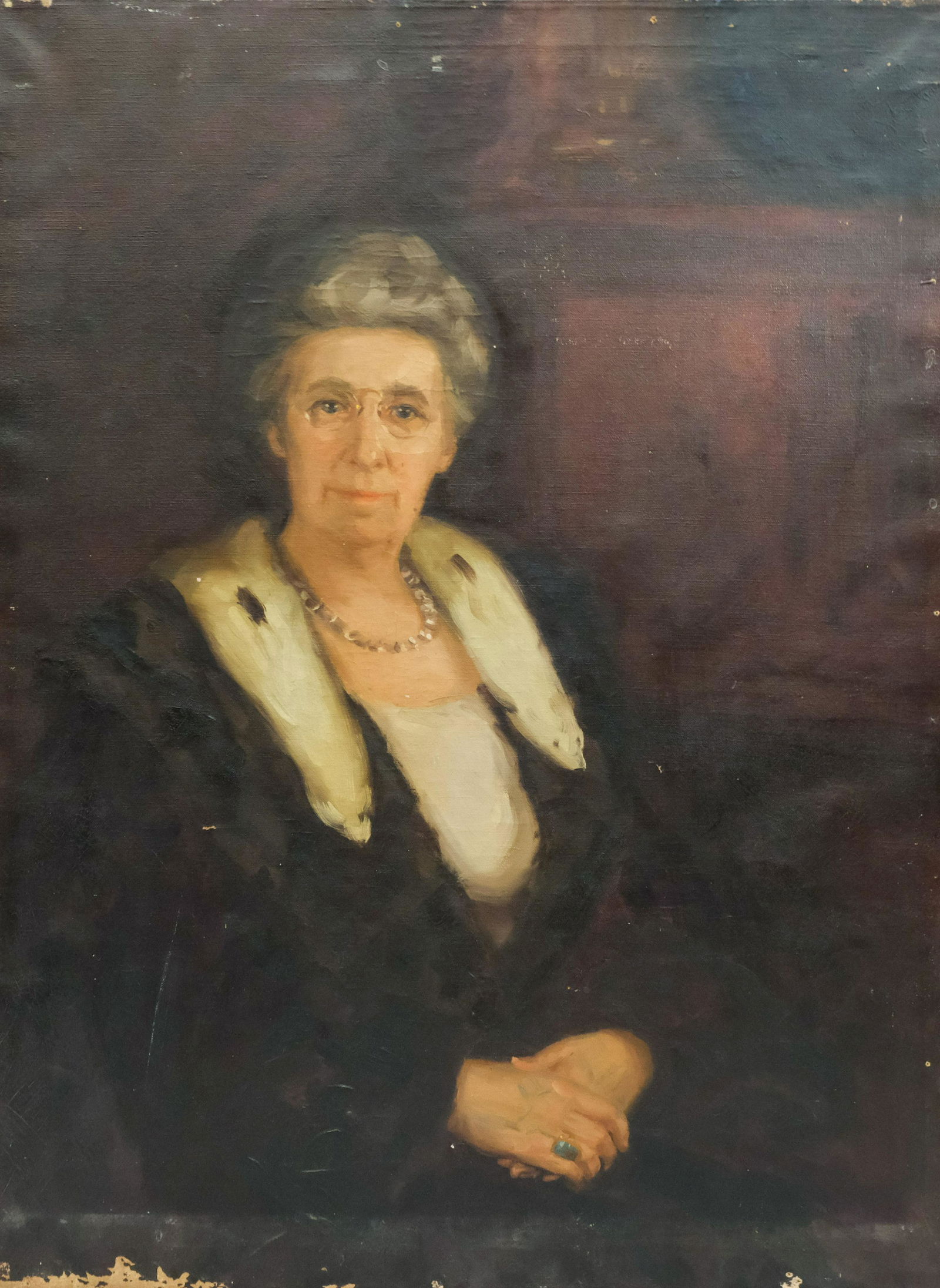 Boston School, Portrait Lady with Ermine Collar: Likely Boston, ca. 1910, oil on canvas depicting a grand lady with diamond necklace and fur collar, 30" x 40" canvas, unframed.