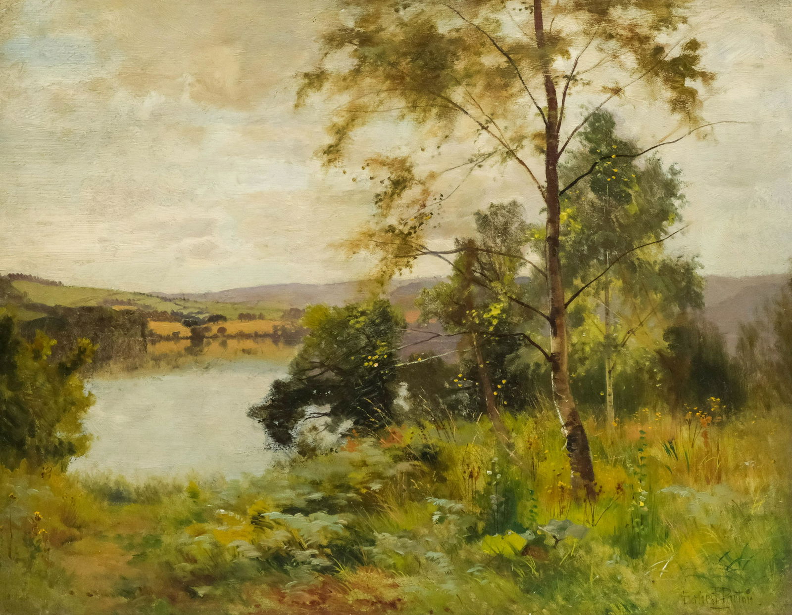 Ernest Parton, River Landscape: Ernest Parton (New York/England, 1845-1933) Oil on canvas depicting wildflowers and birch trees at the water's edge, signed l.r. "Ernest Parton" 17 3/4" x 22 3/4" unframed.