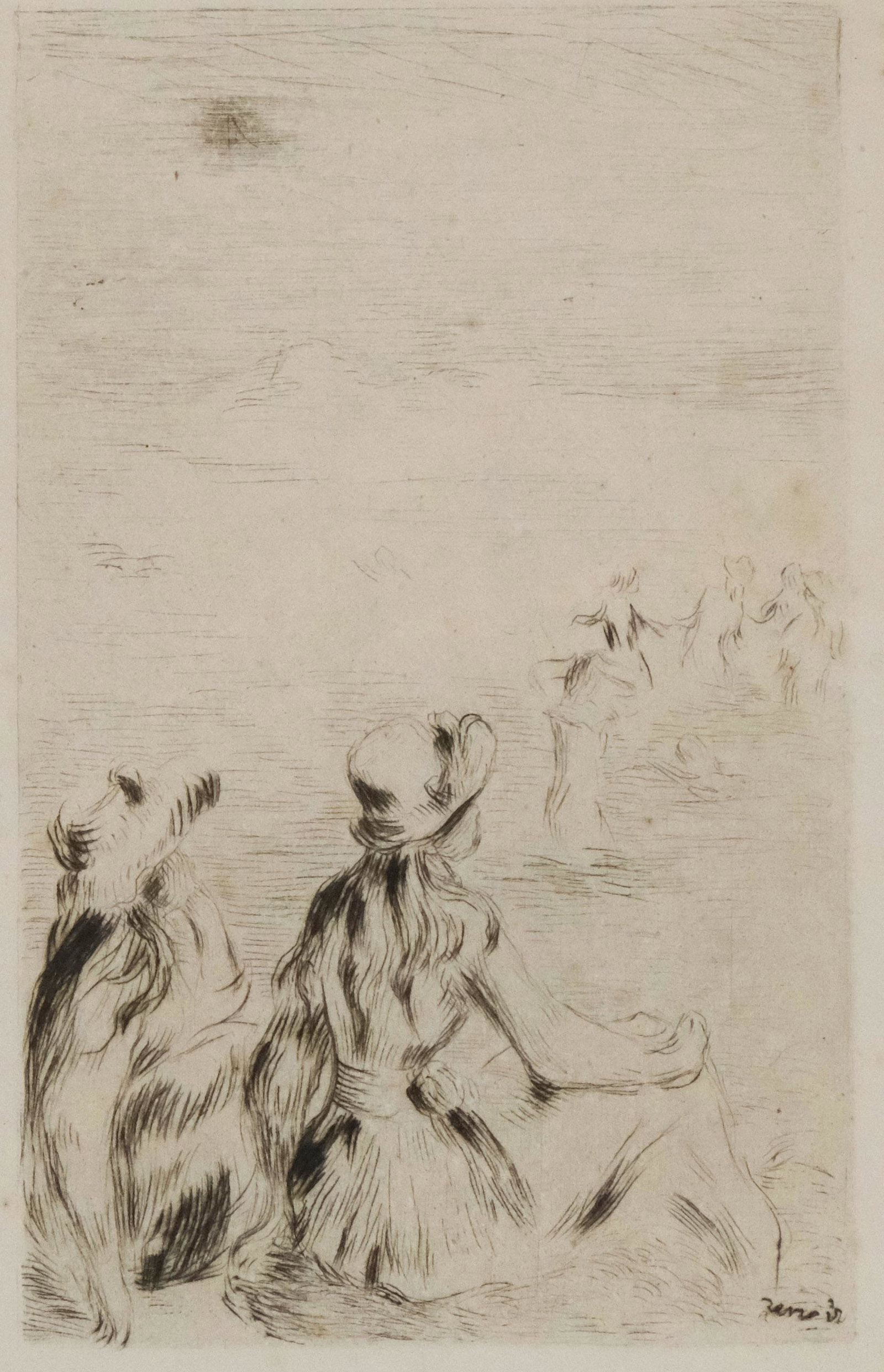 Pierre-Auguste Renoir, "Sur la Plage, a Berneval": Pierre-Auguste Renoir, (French, 1841-1919) "Sur la plage, a Berneval", executed 1892, published early 20th century, signed in plate at lower right, bears period label verso identifying the etching as 