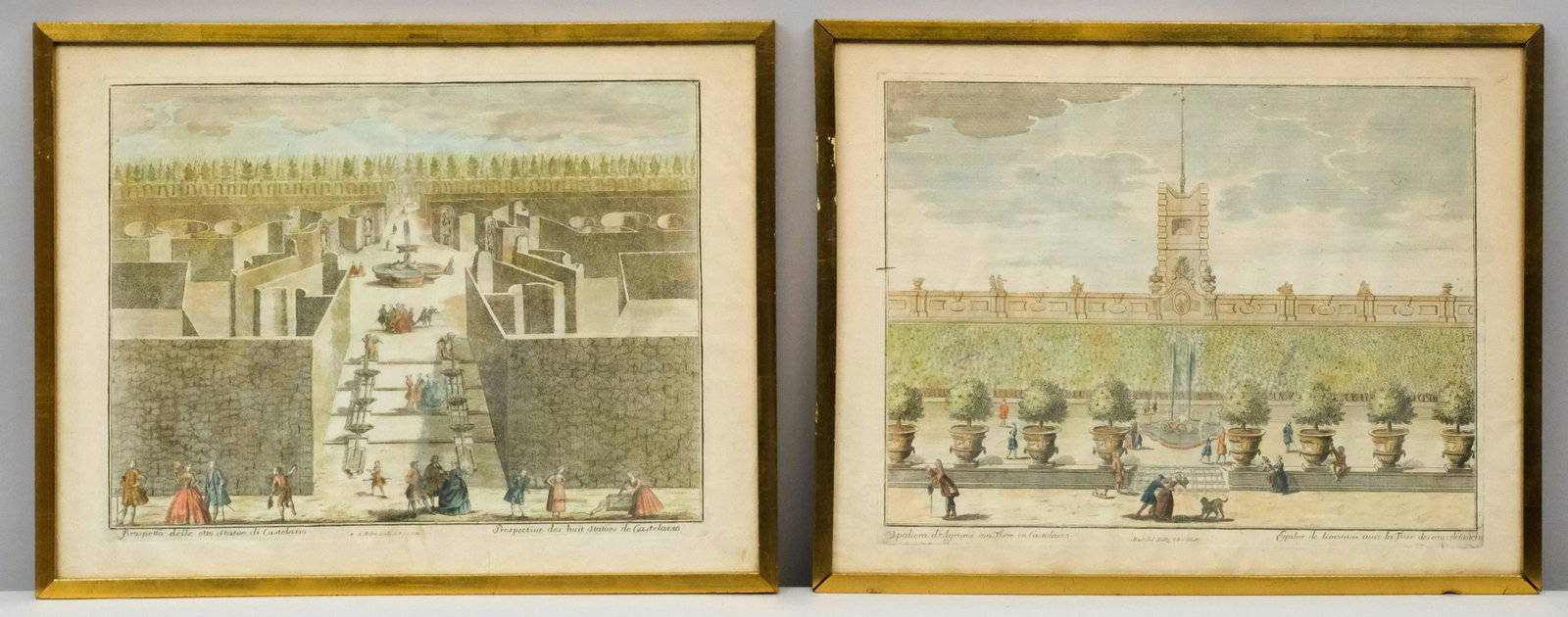 Dal Re, Marc Antonio, Pair 18th Century Engravings: Dal Re, Marc Antonio (Italian, 1697-1766) pair of hand colored engravings, titled in French and Italian, "Spalien d'Agrumi con Torre in Castelazzo" and "Prospetto delle otto Statue di Castelazzo" hous