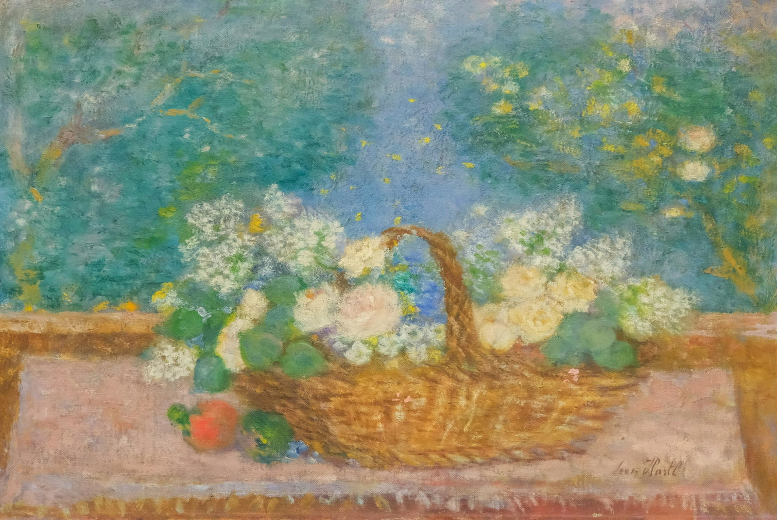 Leon Hartl, Still Life with Basket of Flowers: Leon Hartl (New York/France, 1889-1973) oil on canvas still life with fruit and flowers with landscape in background, titled in French on verso, signed l.r. "Leon Hartl" 16" x 24" canvas, unframed.