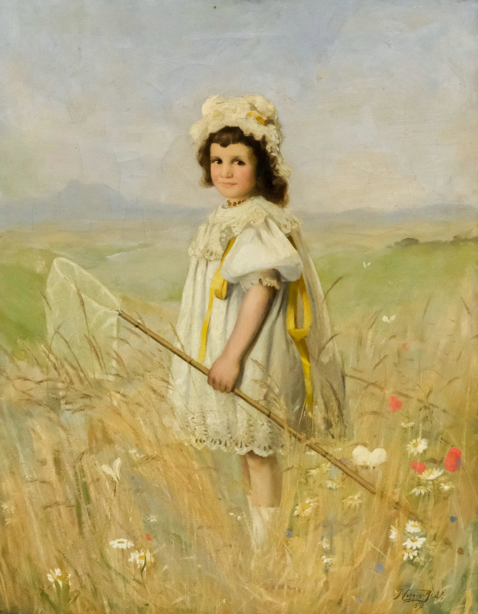 Thomas Currie Bell, Little Girl With Butterfly Net: Thomas Currie Bell (New York/Florida/Scotland, 1873-1946) oil on canvas depicting young girl surrounded by flowers in a meadow catching butterflies, signed and dated l.r. "T. Currie-Bell, 1898" housed