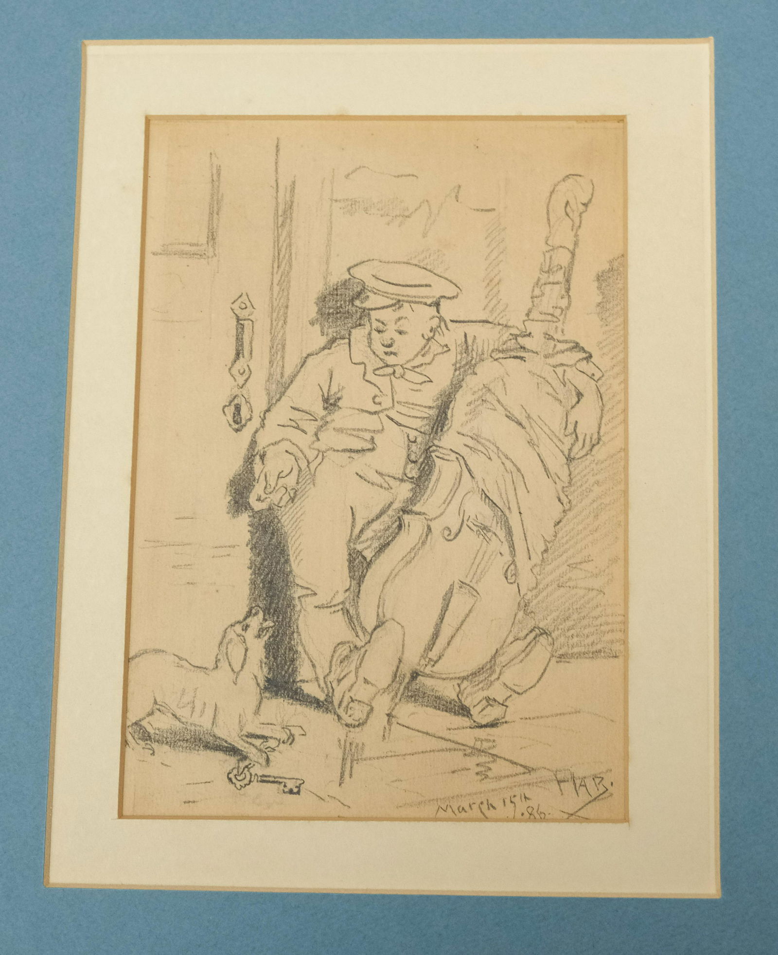 John Haberle, Six Works: John Haberle (American, 1856-1933) group of 6 pencil sketches from the 1890's, each identified by the artist's daughter Vera Haberle Derumer. Titles include "Man With Bull Fiddle and Dog" Man Bending