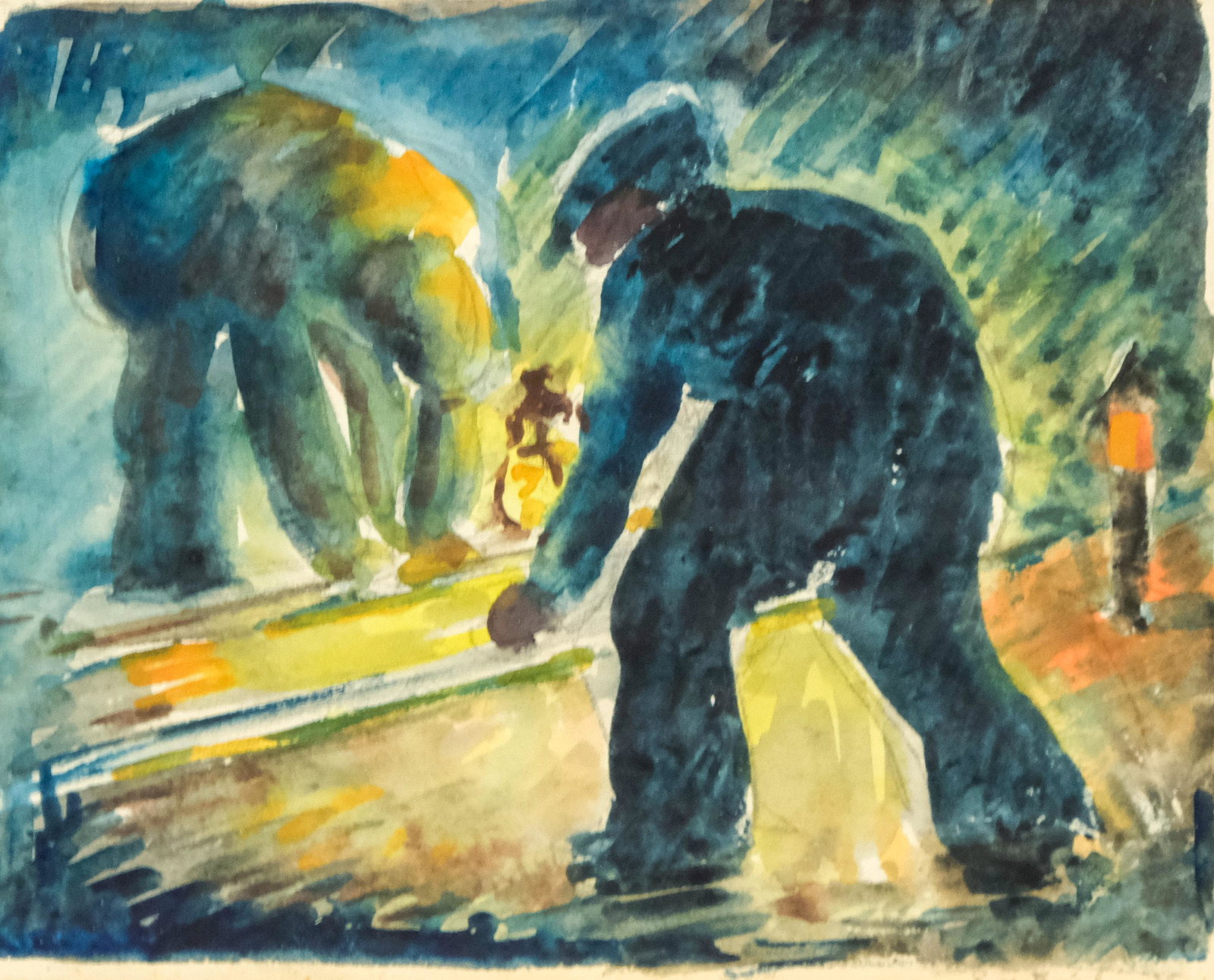 WPA Period Watercolor, Railroad Workers: Illegibly signed and dated 1935, label on verso suggests the artist is E. Van Briel, 4 7/8" x 5 7/8" sight, 7 1/2" x 9 3/4" framed.