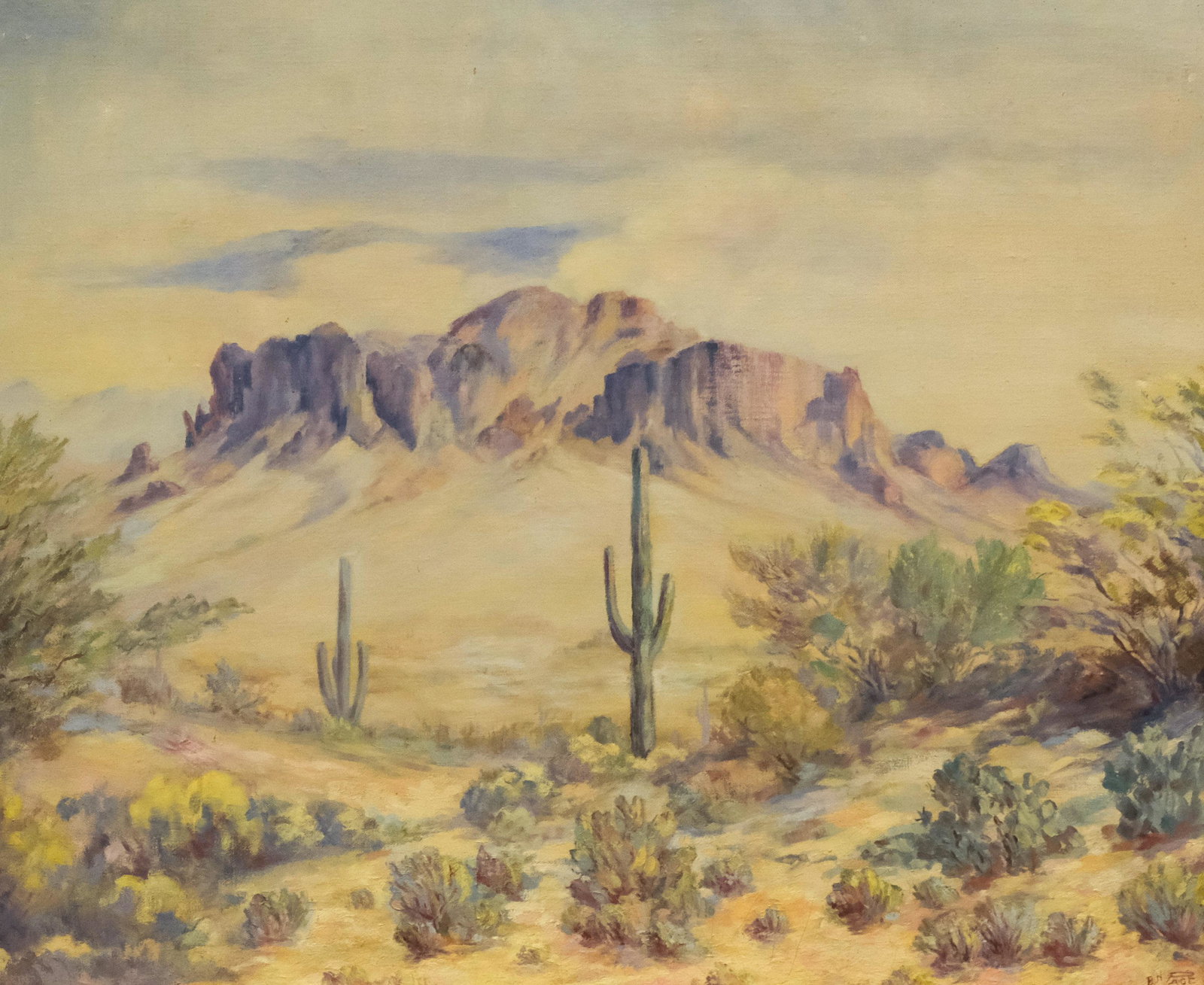 B.N. Page or Pace, Desert Western Landscape: American, ca. 1930, oil on canvas western landscape depicting cacti and flat top mountain range in background, signed l.r. "B N Page" or possibly "Pace" sketch for similar painting on canvas verso, ho