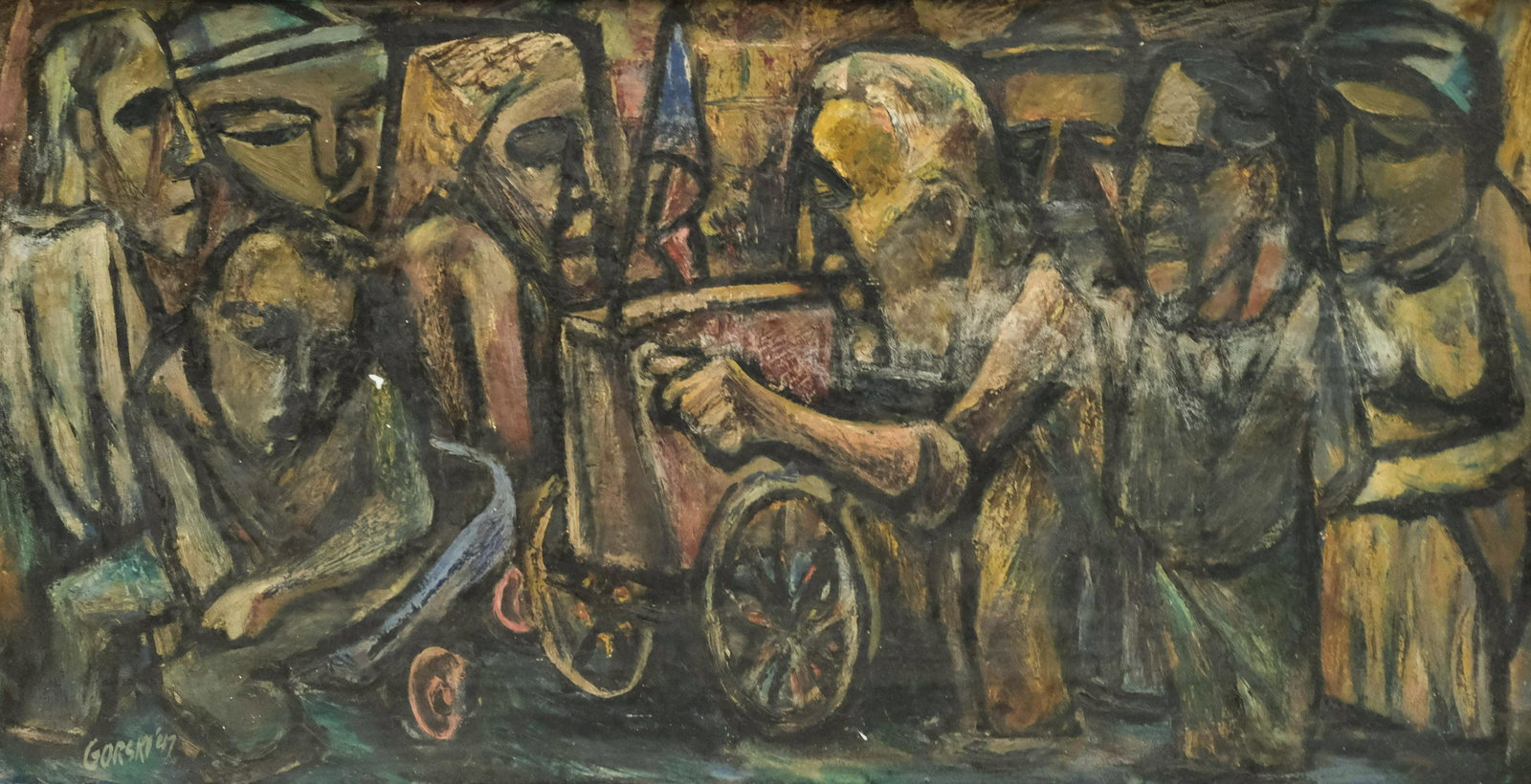 Henry P. Gorski, The Organ Grinder: Henry P. Gorski (American, 1918-2010) oil on canvas abstract cubist depiction of an organ grinder with an American flag on his cart, housed in a modernist frame, signed and dated l.l. "Gorski, '47" 20