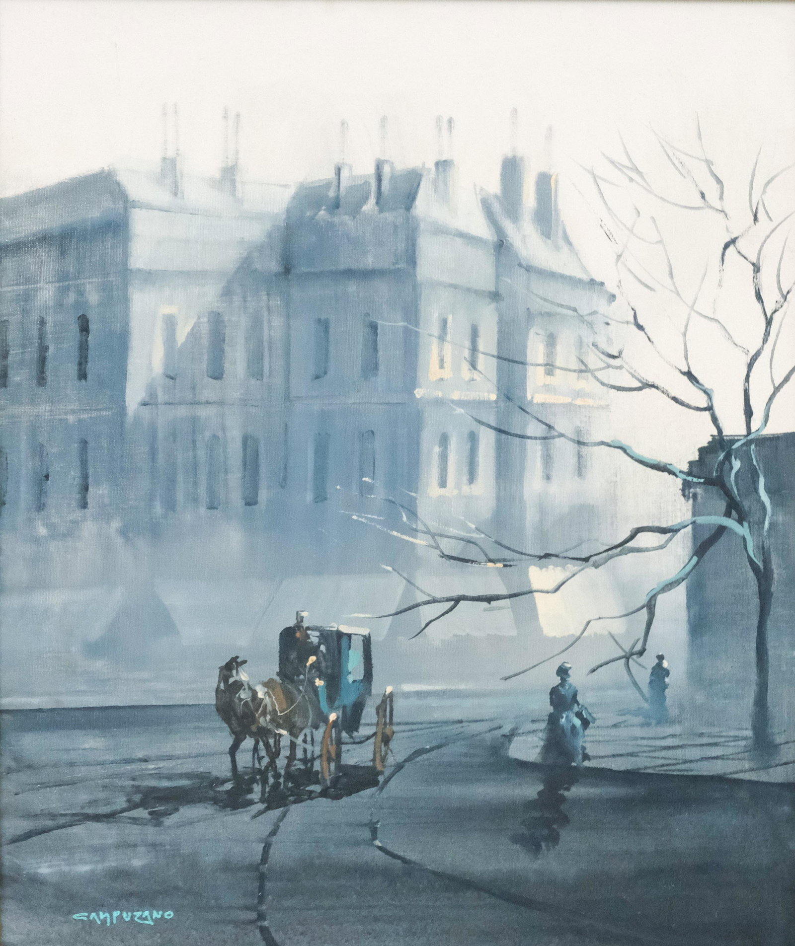 Jose Campuzano, Carriage in the Misty City: Jose Luis Campuzano (New York/Spain, 1918-1979) oil on canvas depicting a horse drawn carriage in what appears to be 19th century France, signed l.l. "Campuzano" housed in a period frame, 20" x 24" ca
