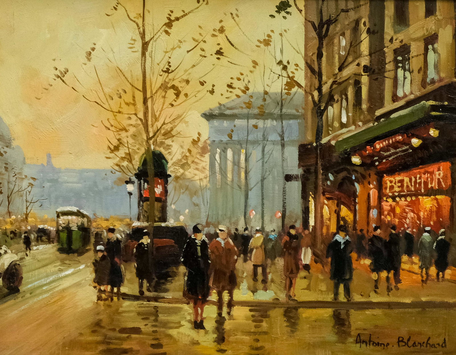Attr. Antoine Blanchard, Paris, La Madeleine: Attributed to Antoine Blanchard (France, c.1910-1988) oil on canvas with La Madeleine in the distance, signed l.r. "Antoine Blanchard" attributed but not authenticated, housed in a period Louis XIV st