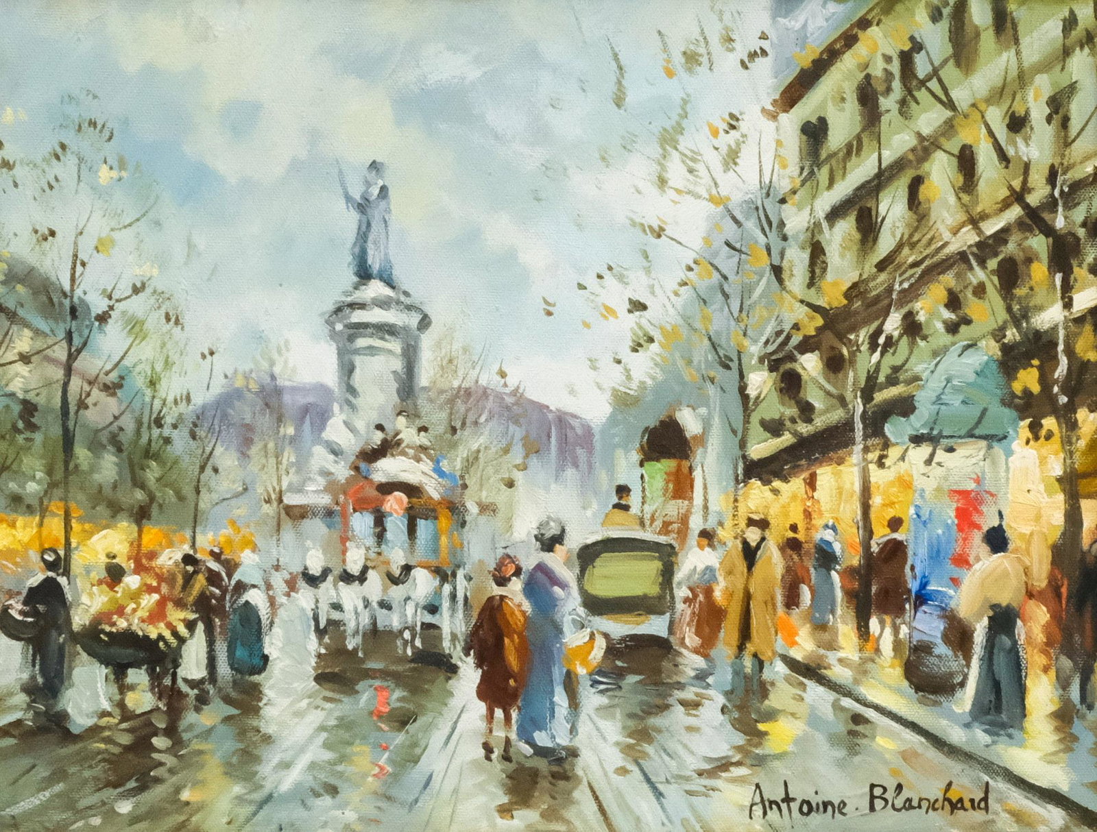 Attr. Antoine Blanchard, Place de la République: Attributed to Antoine Blanchard (France, c.1910-1988) oil on canvas with La Place de la République in the distance, signed l.r. "Antoine Blanchard" attributed but not authenticated, housed in a perio