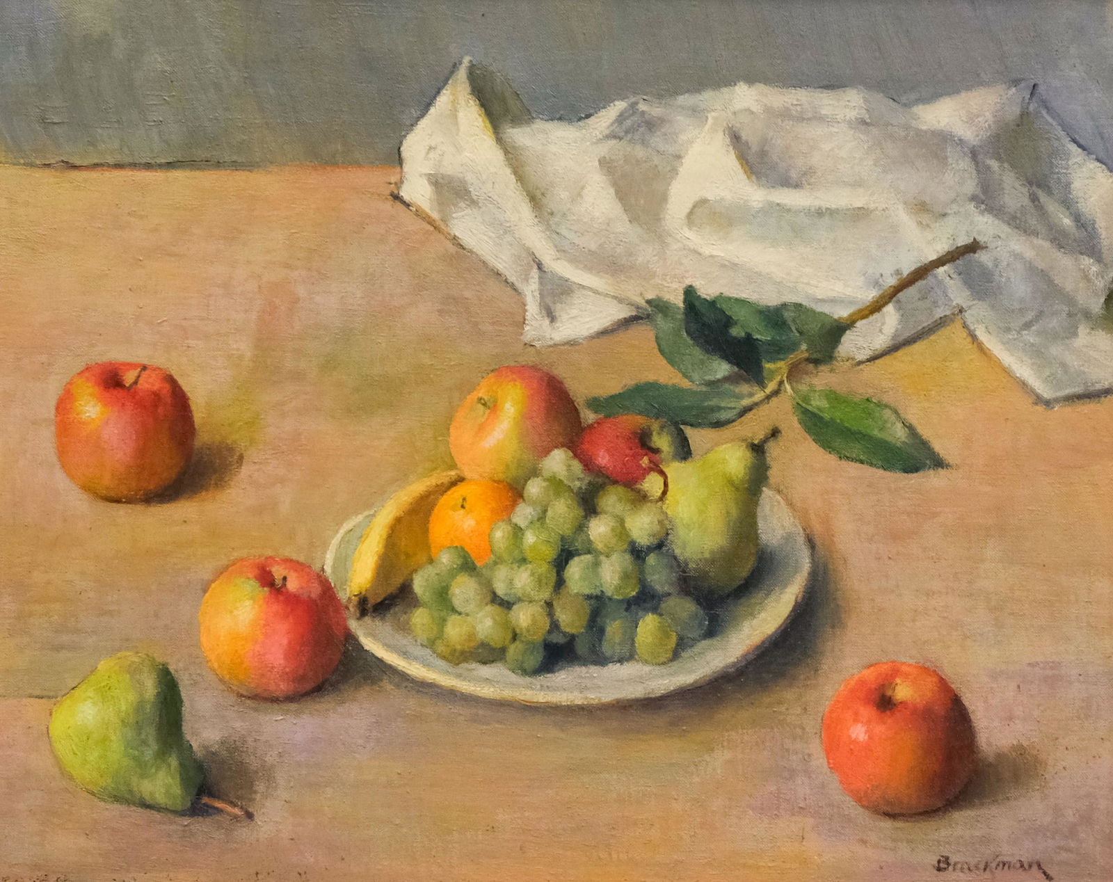 Robert Brackman, "Still-life in Morning Light": Robert Brackman (New York/Connecticut, 1898-1980) oil on canvas depicting a table with apples, pears, and grapes, signed l.r. "Brackman" also signed and titled verso, "Still-life in Morning Light, Rob