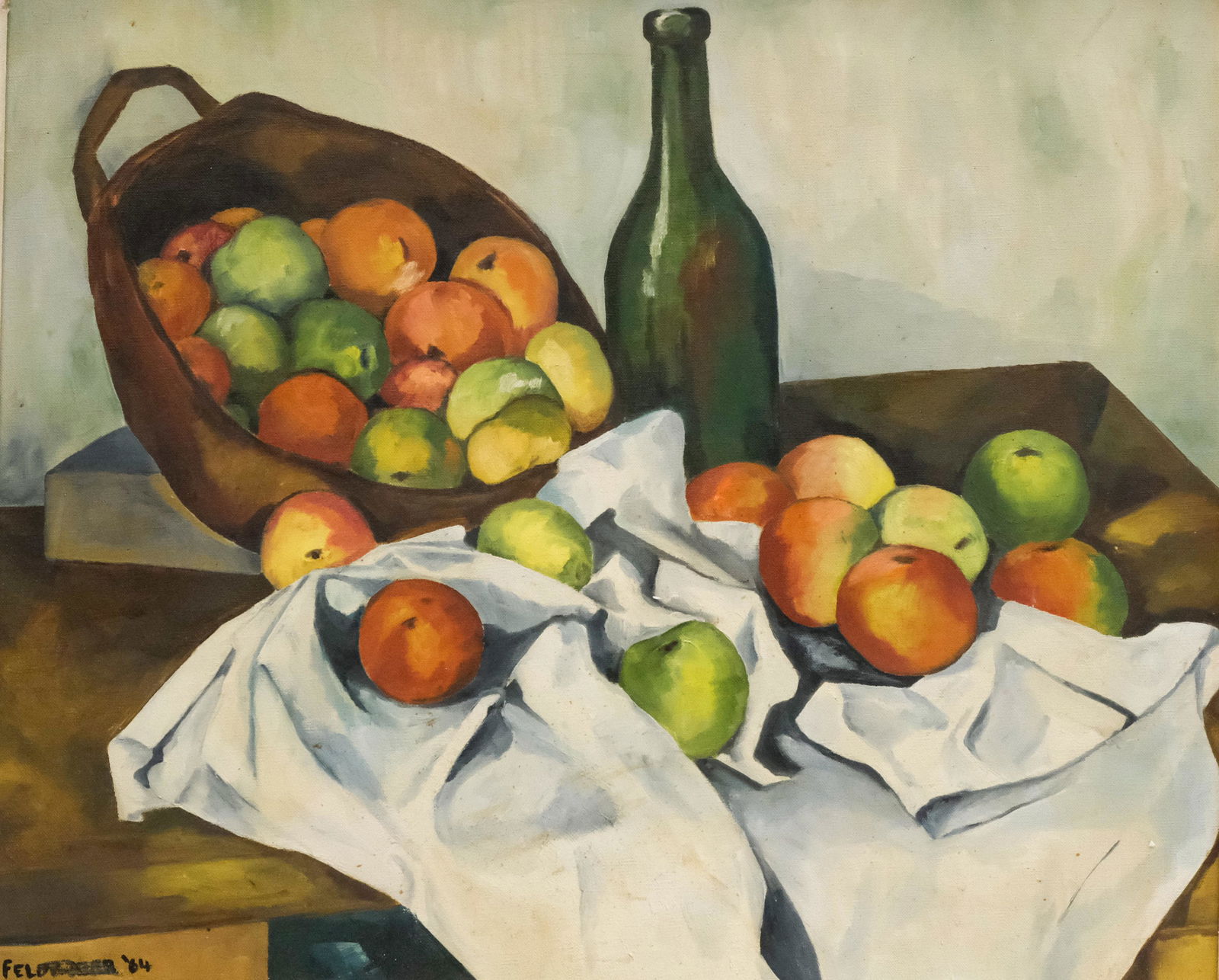 After Cezanne, Still Life with Basket of Fruit: American, 1964, oil on canvas copy of "Still Life with Basket of Fruit" by Paul Cezanne, signed illegibly l.l. "Fel... '64" housed in a fine carved modernist frame, 20" x 24" canvas, 24" x 28" framed.