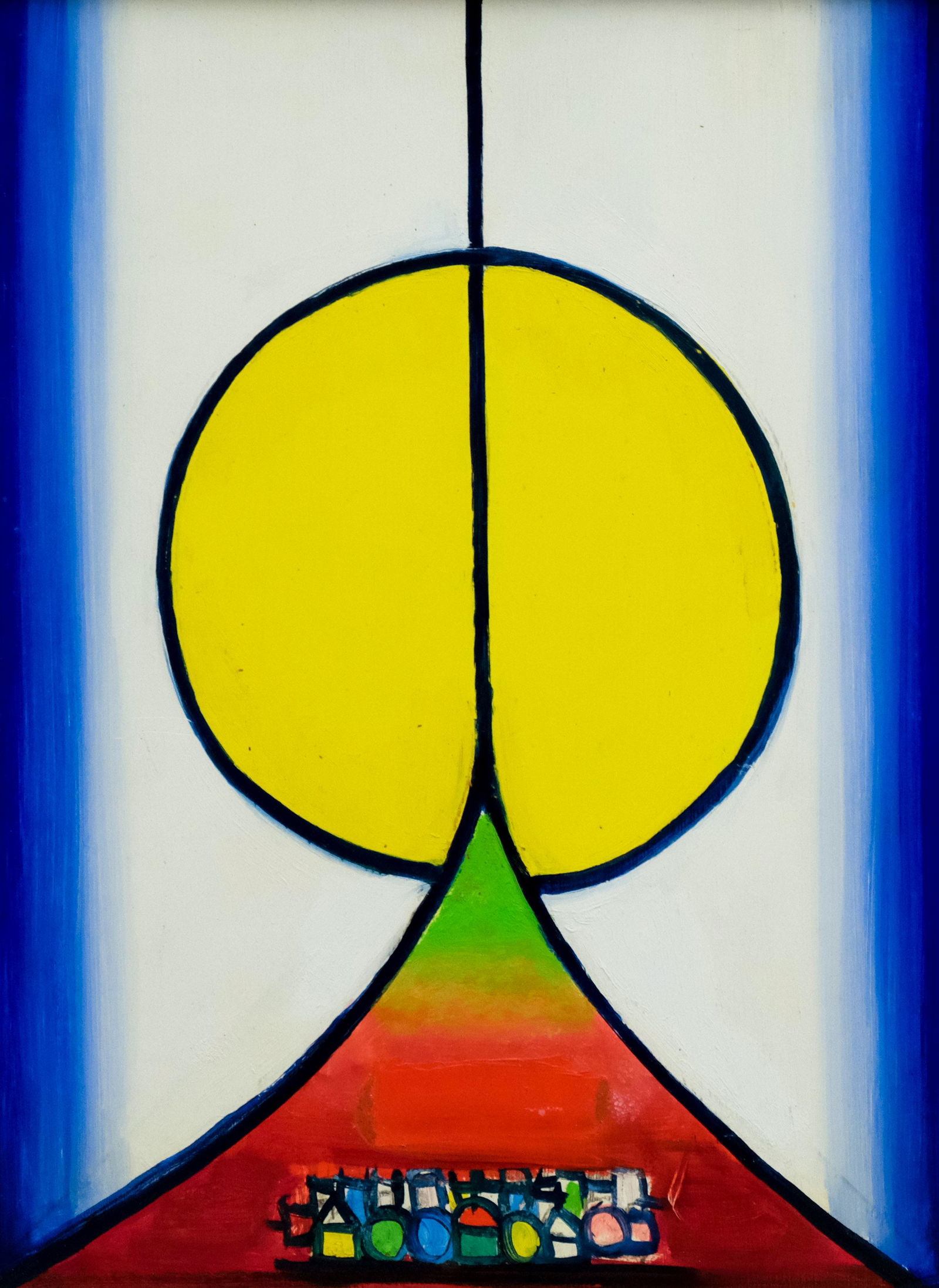 Henry Kallem, Monhegan Series: Henry Kallem (NY/MA/ME, 1912-1985) Oil on masonite abstract, from the Monhegan Series (Sunrise Sunset) 1965, label verso from the Boston Art Club, 12" x 16" panel, 13 1/4" x 17 1/4" framed.