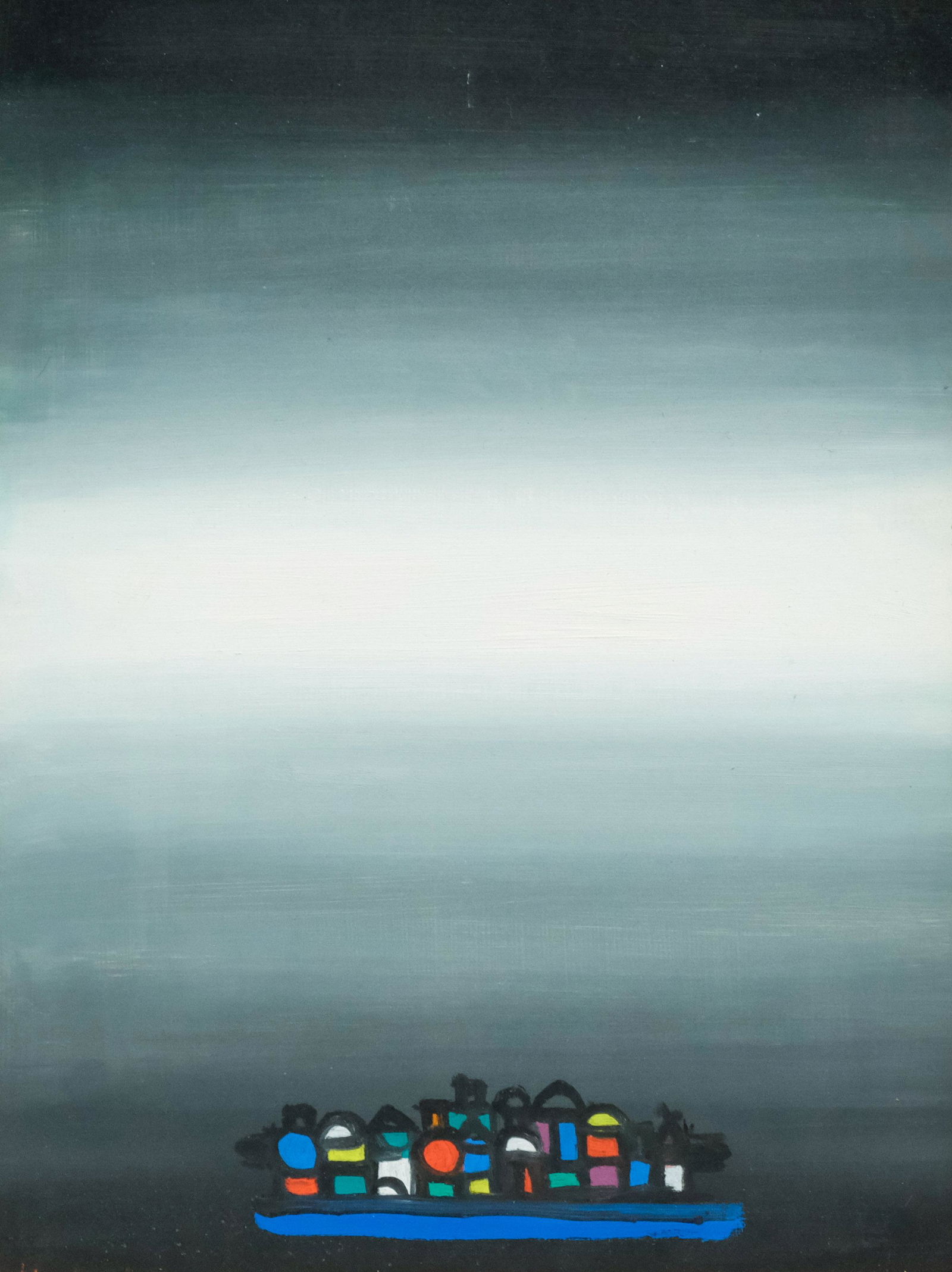 Henry Kallem, Monhegan Series: Henry Kallem (NY/MA/ME, 1912-1985) Oil on masonite abstract, from the Monhegan Series (Chromatic Vision) 1966, label verso from the Boston Art Club, 12" x 16" panel, 13 1/4" x 17 1/4" framed.