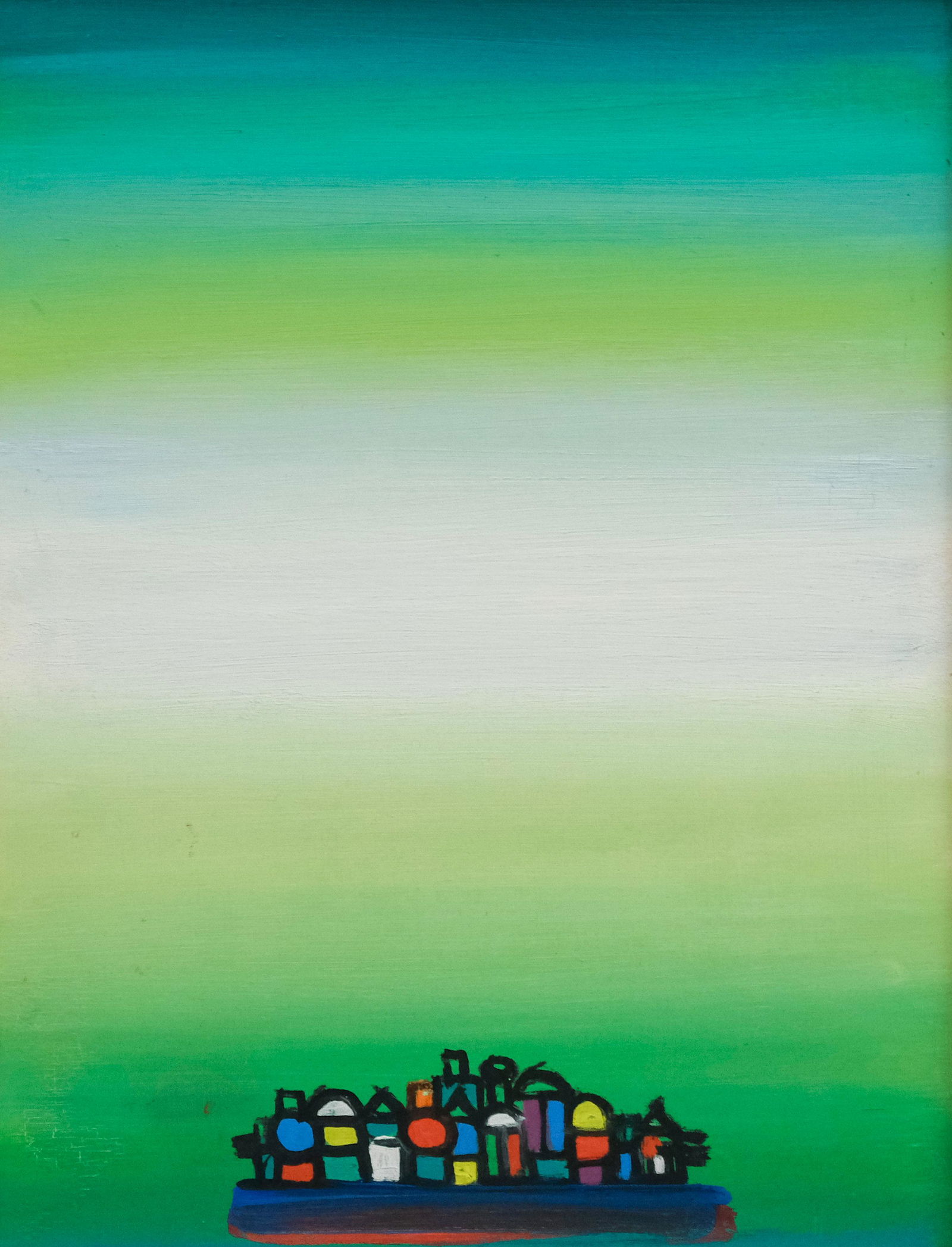 Henry Kallem, Monhegan Series: Henry Kallem (NY/MA/ME, 1912-1985) Oil on masonite abstract, from the Monhegan Series (Chromatic Vision) 1966, label verso from the Boston Art Club, 12" x 16" panel, 13 1/4" x 17 1/4" framed.