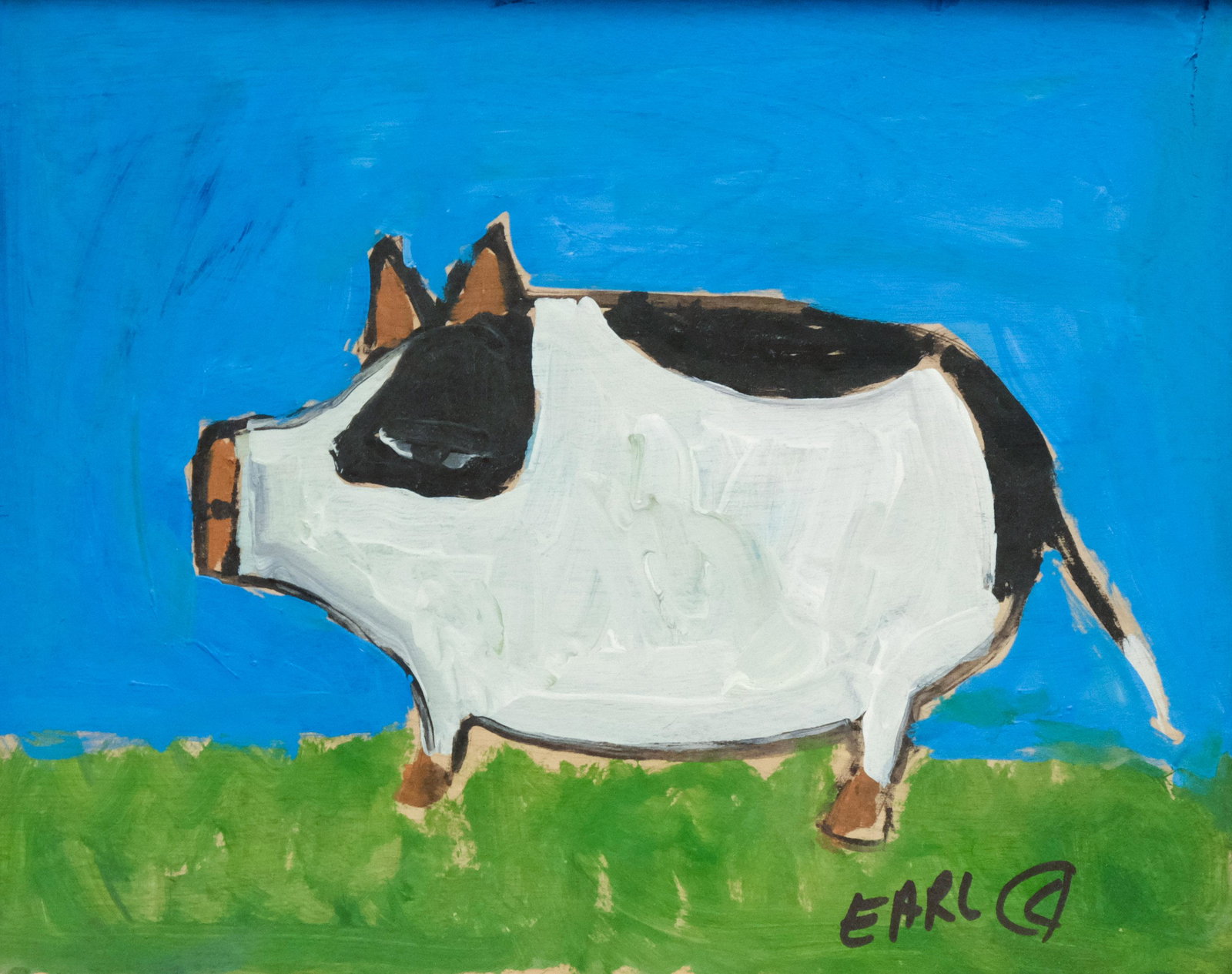 Earl Swanigan, Outsider Art, Pig: Earl Swanigan, (American, 1964-2019) Acrylic on plywood, depicts a piggy. Signed and dated l.r. "Earl" nicely framed, 11" x 14" panel, 14 1/2" x 17 1/2" framed. Swanigan was a noted Outsider artist fr