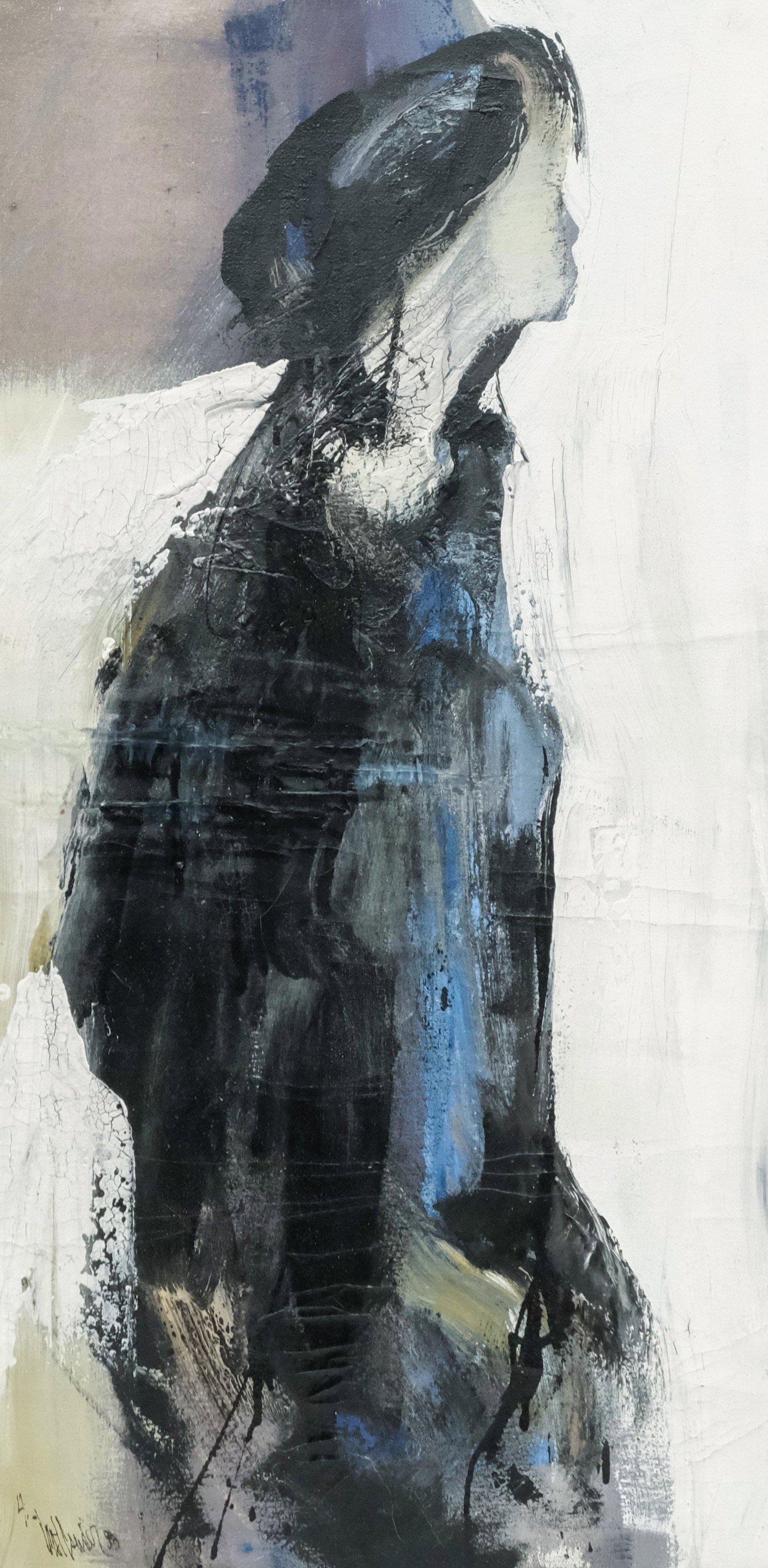 Gino F. Hollander, Woman in Profile: Gino F. Hollander (California/Spain, 1924-2015) oil on canvas depicting an abstract figure, signed and dated l.l. "G.Hollander '82" possibly inventory/collection numbers verso. 20" x 39 1/2" unframed.