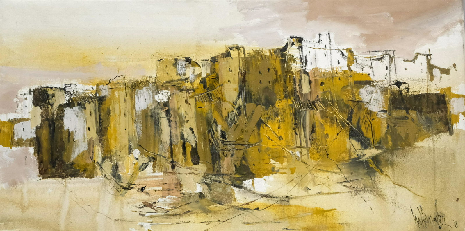 Gino F. Hollander, Abstract Landscape 1978: Gino F. Hollander (California/Spain, 1924-2015) oil on canvas depicting an abstract cityscape, signed and dated l.r. "G.Hollander '78" possibly inventory/collection numbers verso. 23" x 46" unframed. 
