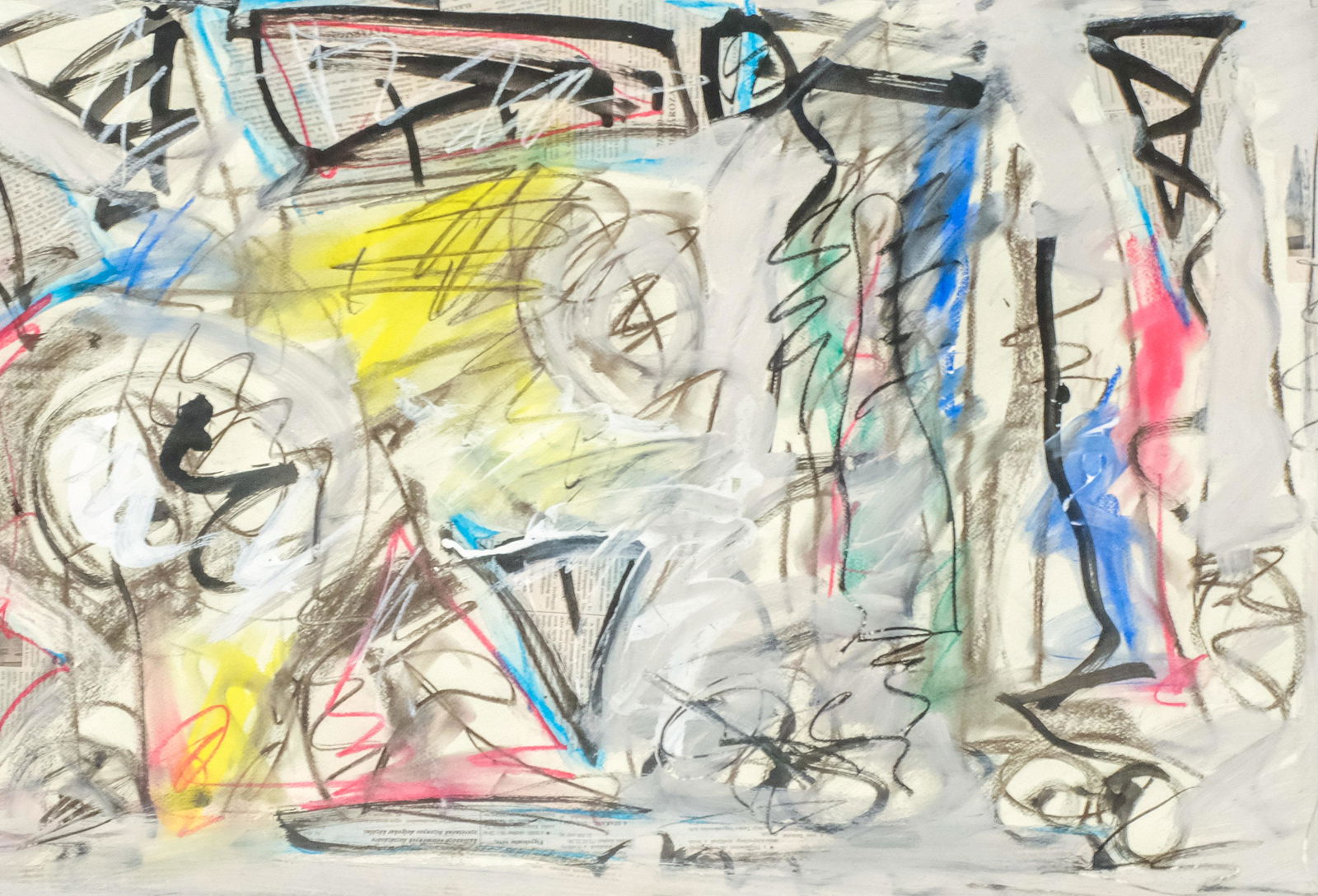 Andras Markos, "L'Peisage Imposible": Andras Markos (Hungary, Born 1950) mixed media on newsprint, signed and titled verso, 28 1/4" x 40" unframed. Proceeds from this lot to benefit The Print Club of Albany.