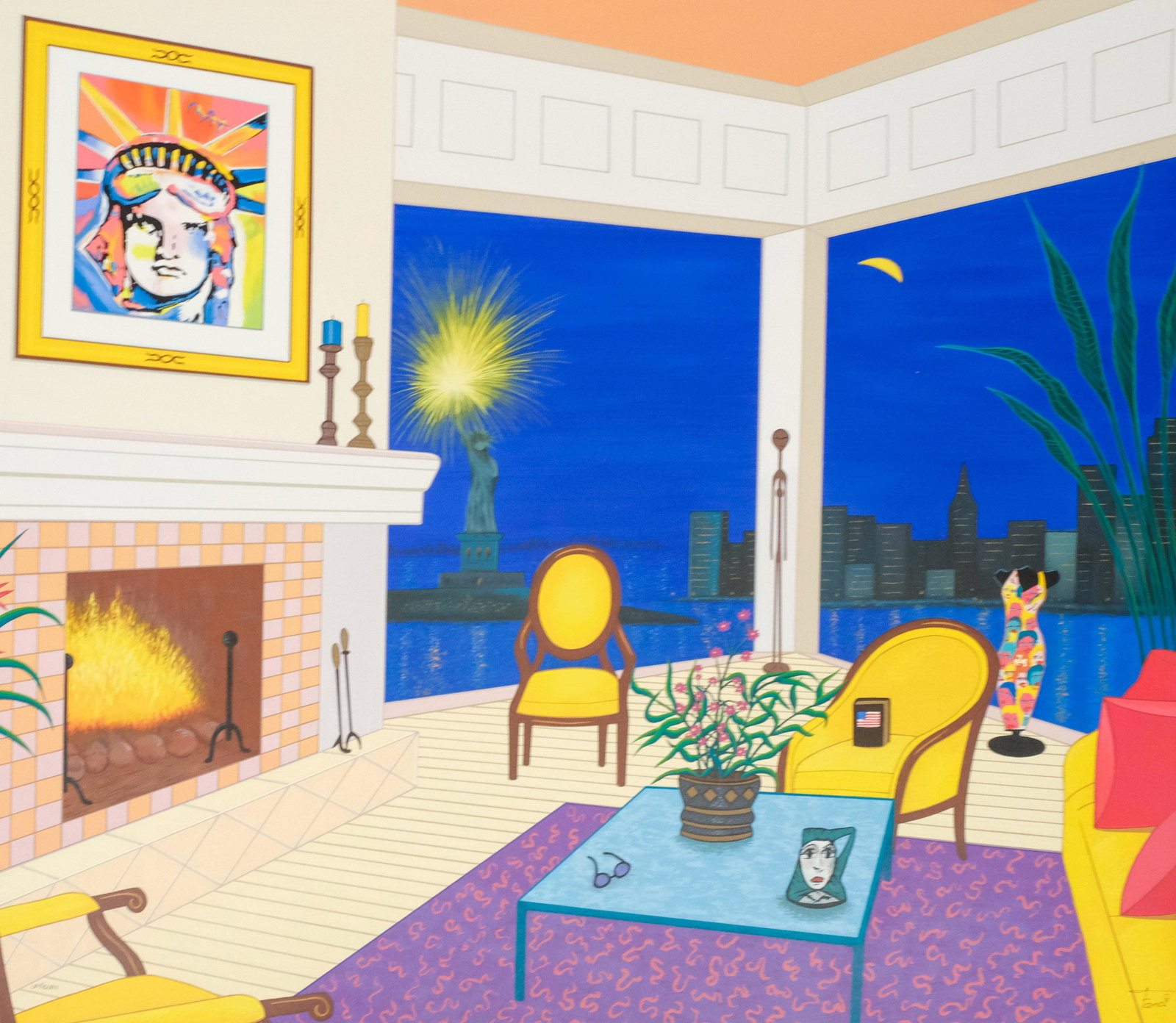 Fanch (Francois) Ledan, "Interior with Liberty": Fanch (Francois) Ledan (California/France b.1949) limited edition serigraph on paper depicting an apartment in NYC with a Peter Max painting of the Statue of Liberty on the wall, pencil signed l.r. "F