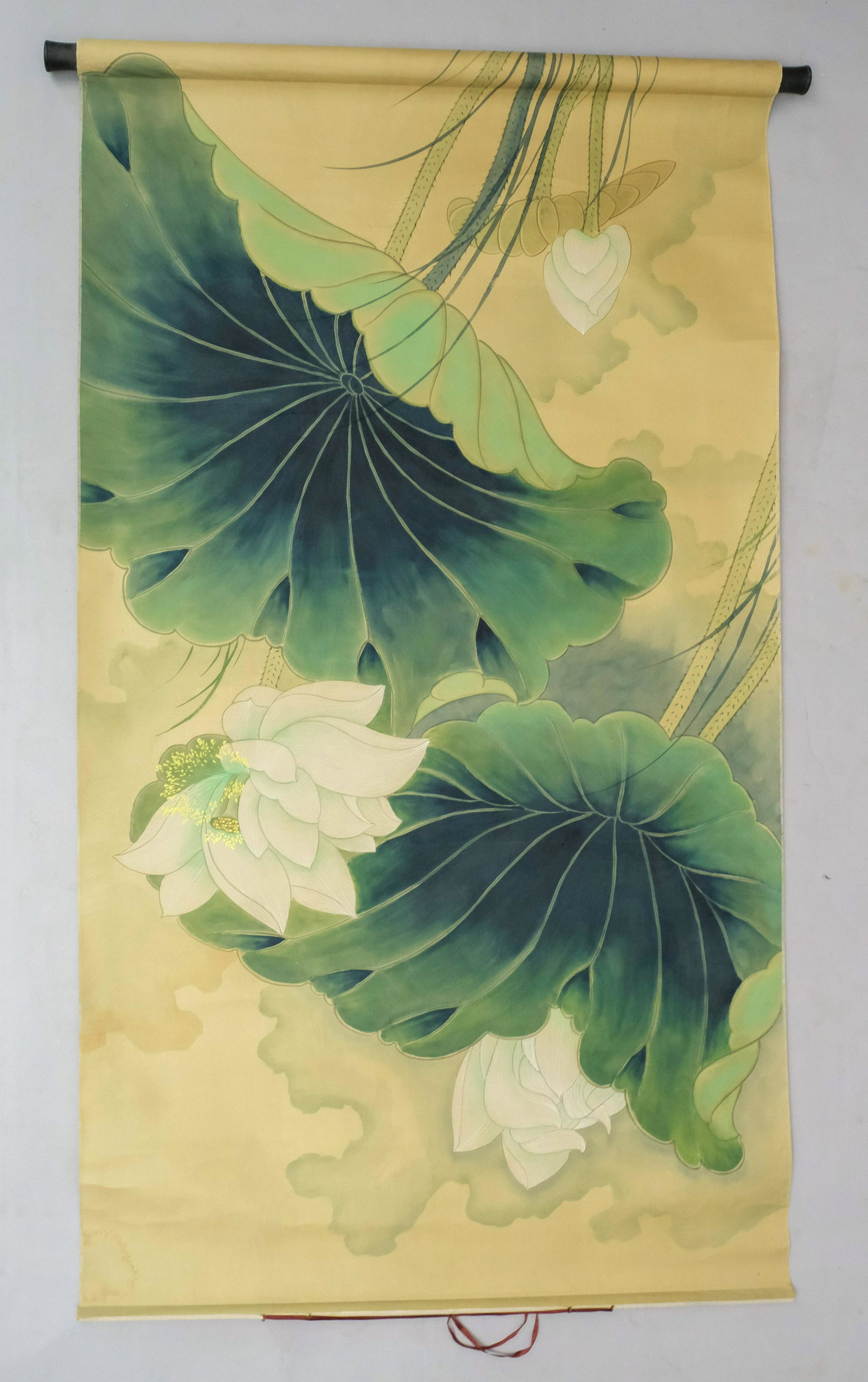 Large Japanese Watercolor Scroll: Depicting a bloom. 34 x 60". Character signature on outside