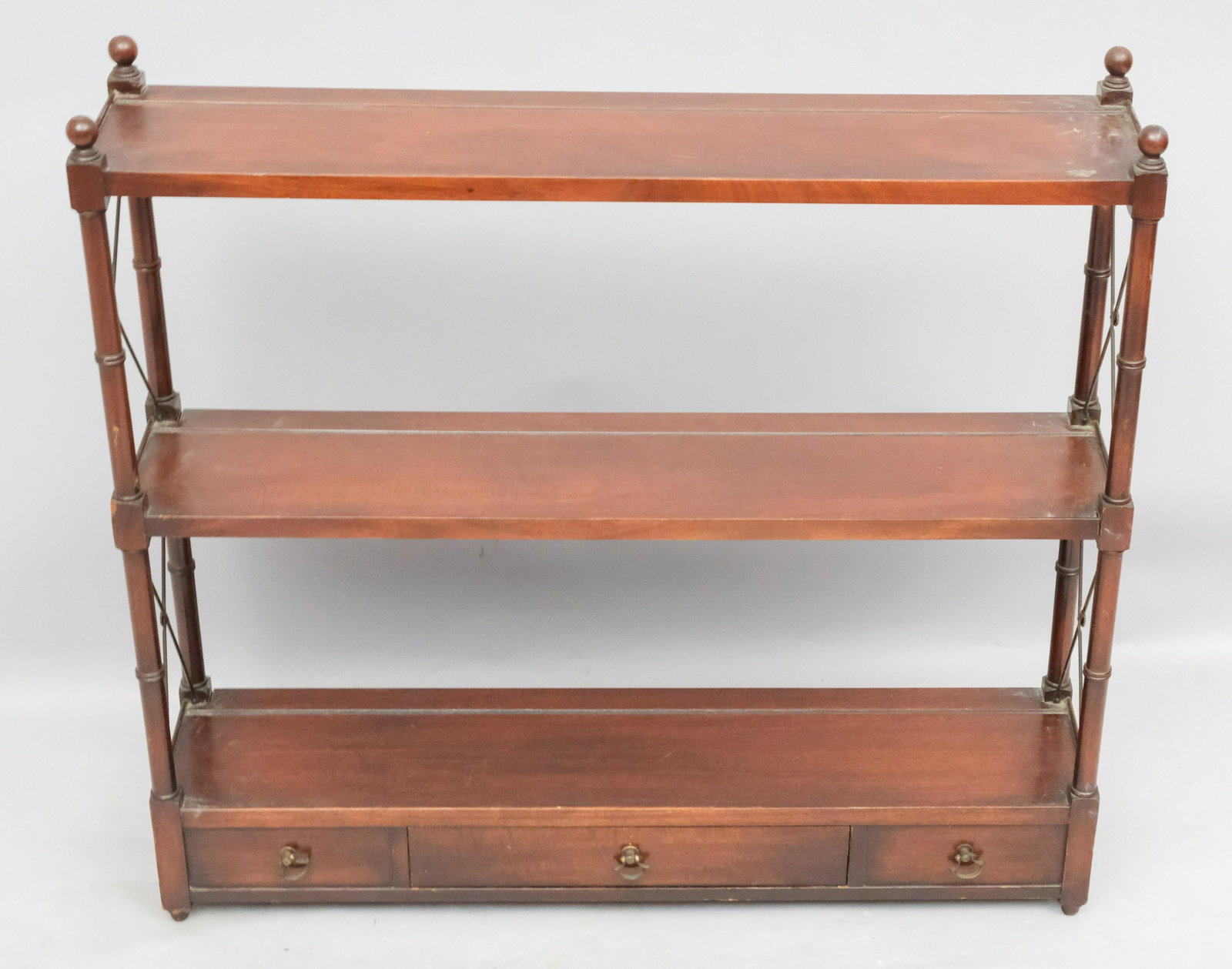 Regency Style Mahogany & Brass What Not Wall Shelf: 20th century, finely made, single drawer, with grooves for plates, 28" x 30" x 7" deep.