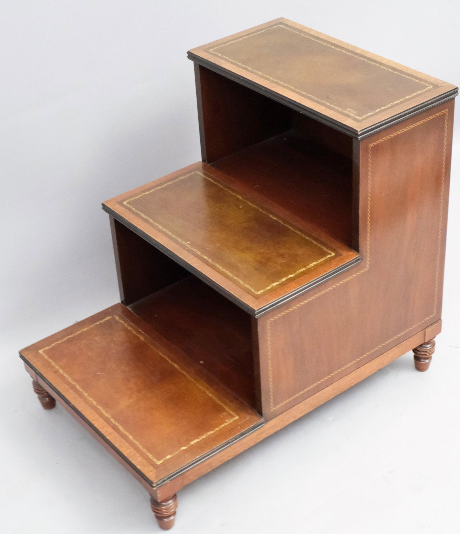 Fine Hepplewhite Style Set of Library Steps: Mahogany with checkerboard inlay and tooled leather skids. 26 1/2" x 18" x 24", with 9" deep steps.