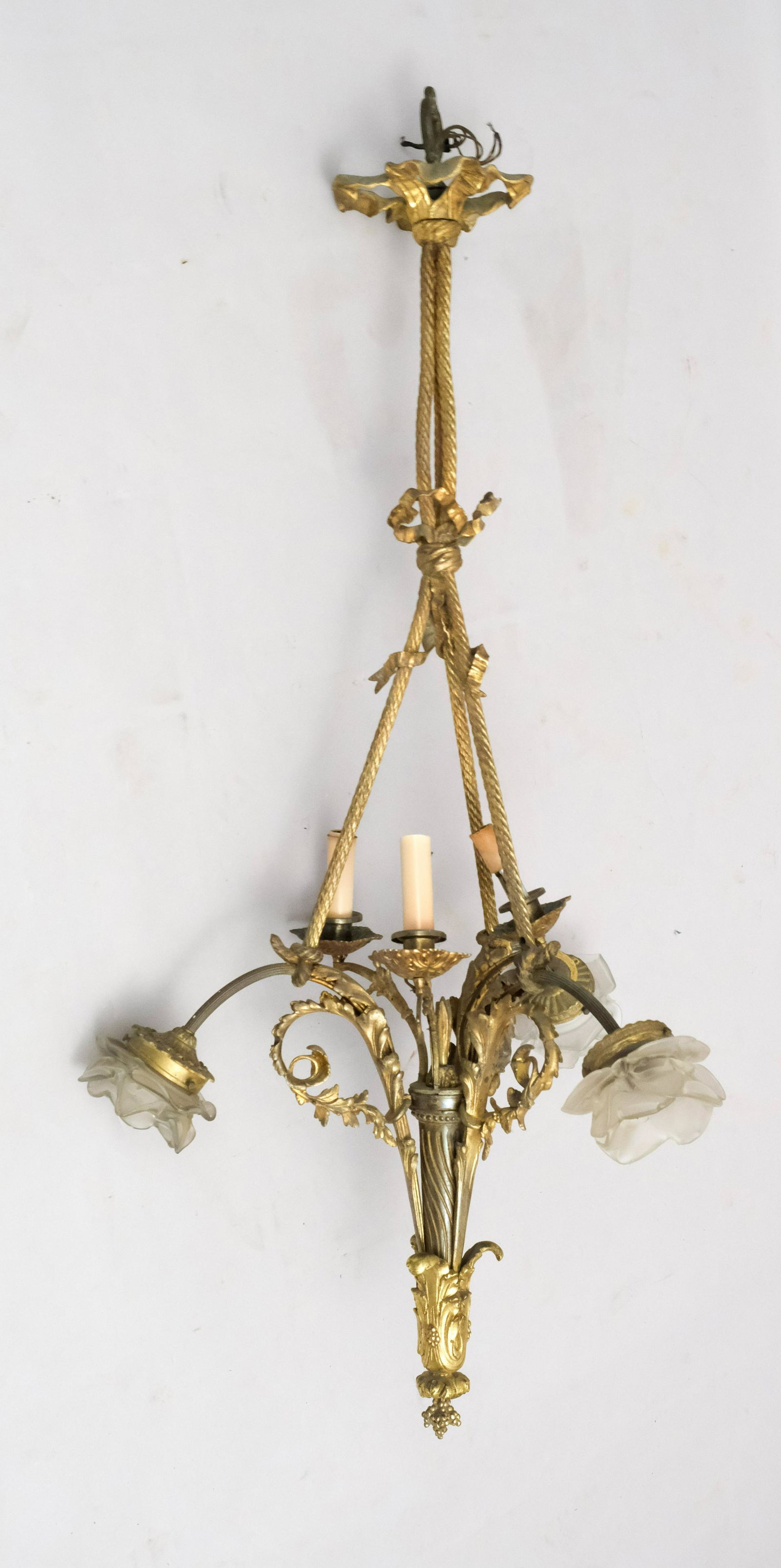 Antique French Empire Bronze 3 Light Hanging Light: Having frosted glass floral shades in the style of Lalique, 41 1/2" x 22"