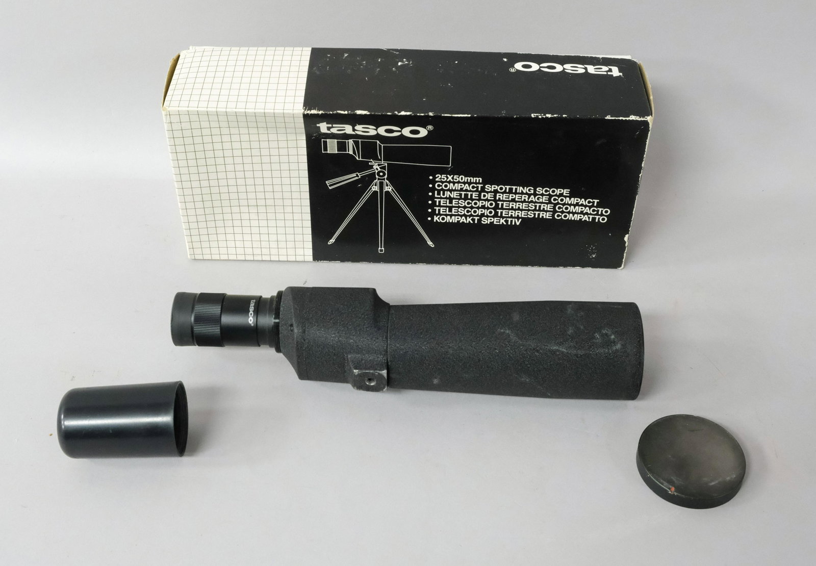 Tasco Compact Spotting Scope: Tasco #C50T 25X50mm compact spotting scope with original box. 12" long