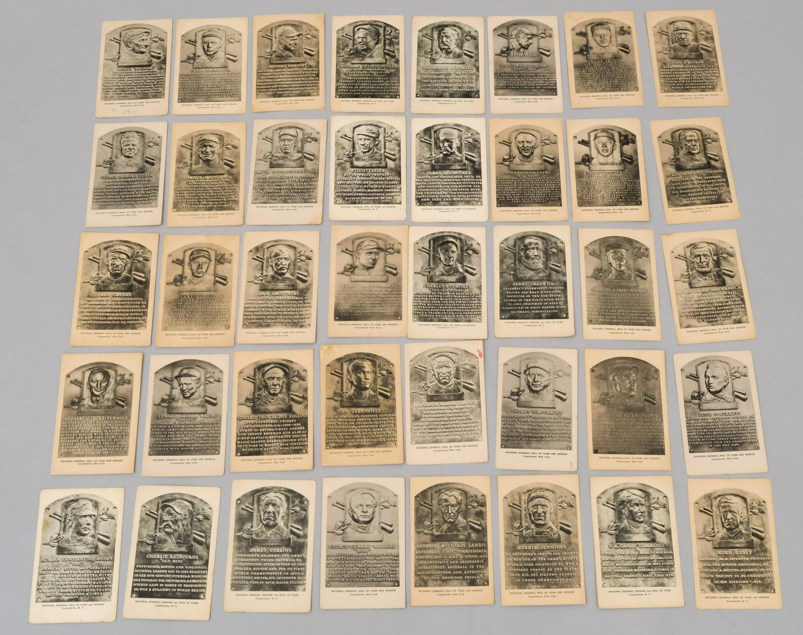 Cooperstown Baseball Hall of Fame Postcards: Collection of 39 Cooperstown Hall of Fame Baseball Postcards made by the Albertype Co. of Brooklyn NY, including Honus Wagner. 5 5/8" X 3 7/8"
