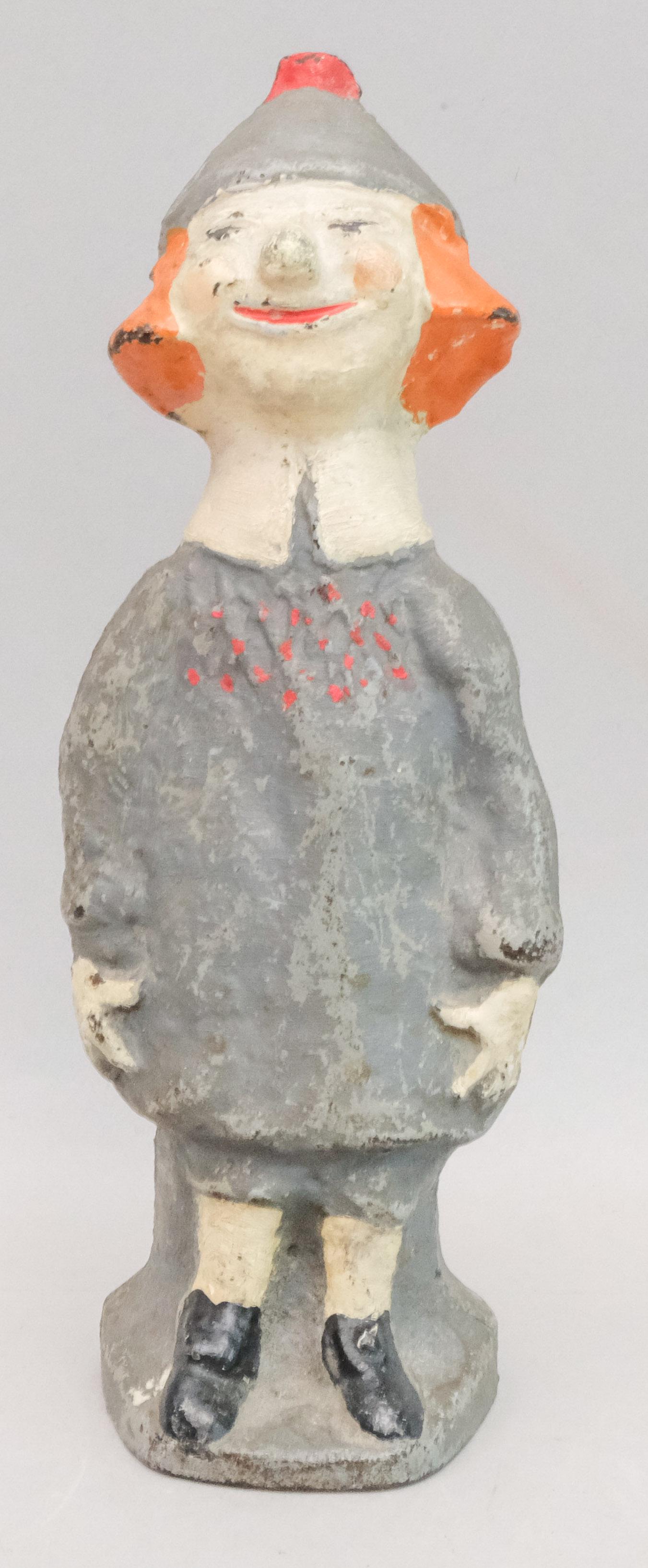 Hubley Cast Iron Clown Doorstop: Antique Beanie Hat Girl Clown Cast Iron Doorstop 663 Full Figure Hubley. With a charming smirk on her face, original factory paint job of gray emphasized by red and orange accents, with white face, ha