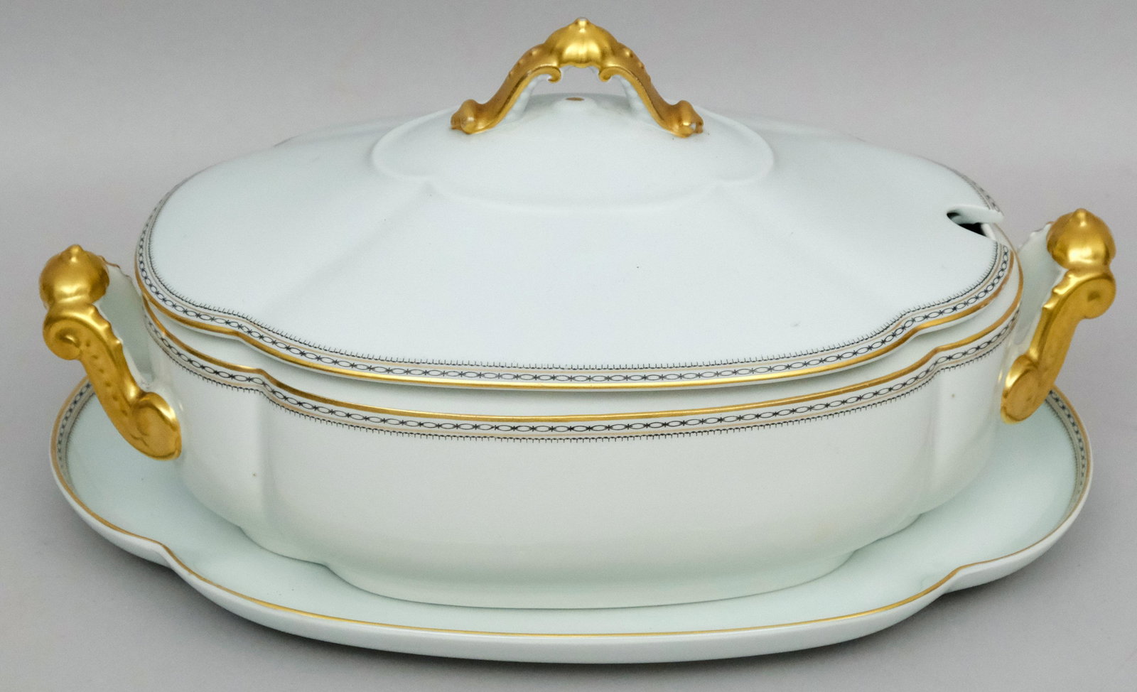 Bauscher Weiden Astoria Porcelain Tureen & Tray: With black and gold border. Marked as shown. 8 1/2 x 13 3/4".
