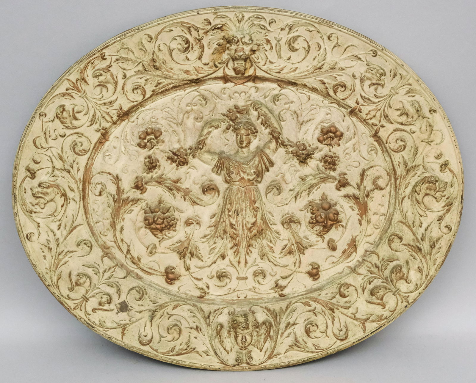 Neoclassical Oval Cast Iron Fireback or Plaque: C.1910, American Radiator Company. Painted surface and high relief detail. Marked as shown. 15 x 18 1/2".