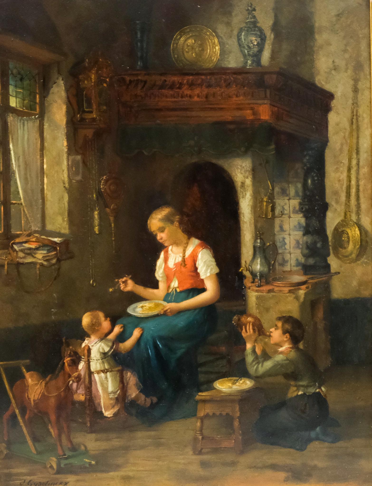 Joseph Gyselinckx, Mother Feeding Her Children: Joseph Gyselinckx (Belgium, 1817-1884) Oil on wood panel depicting a mother feeding her children in a 17th century Dutch setting with toys, furnishings, and delft tiles, housed in a custom Flemish sty