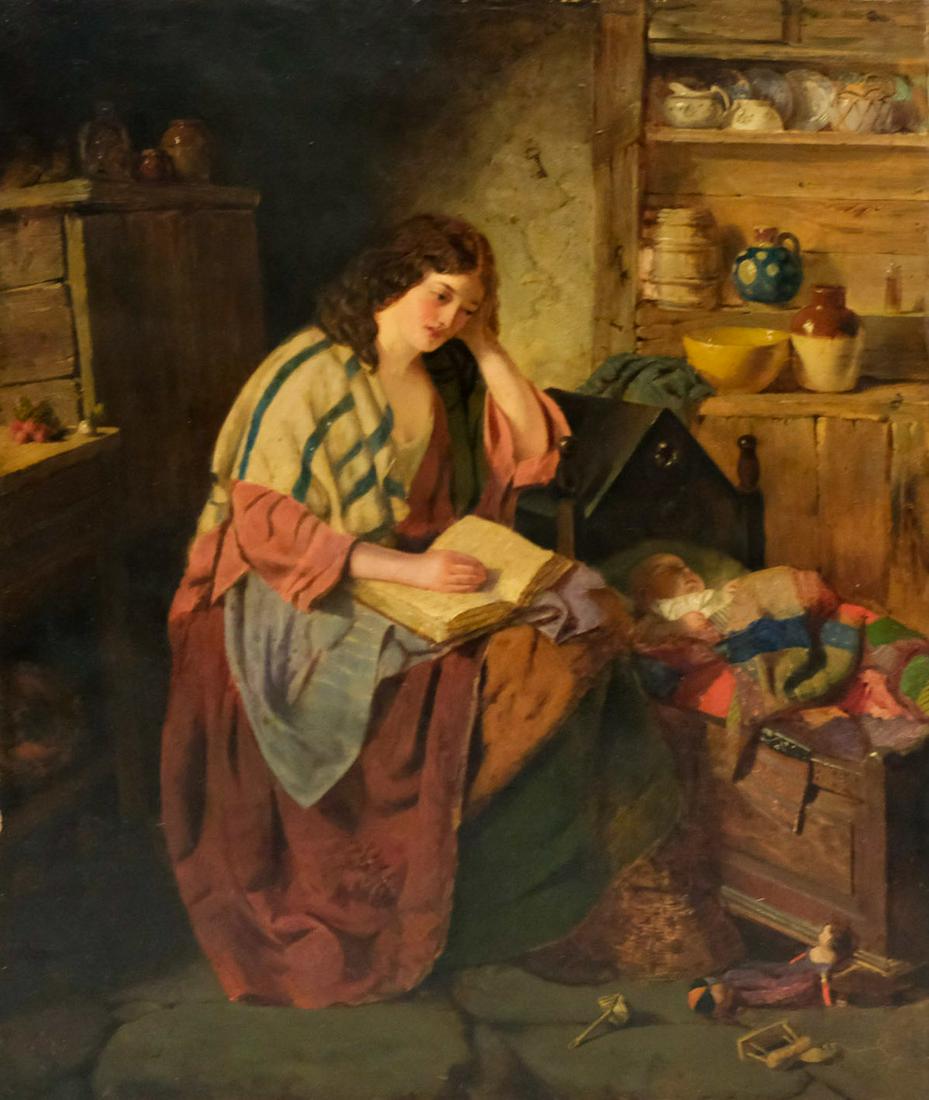 American School, Mother and Infant: American, ca. 1860 oil on canvas finely detailed genre scene depicting a 17th century interior with a mother reading beside a crib with a sleeping infant, toys are strewn upon the floor, hutch in back