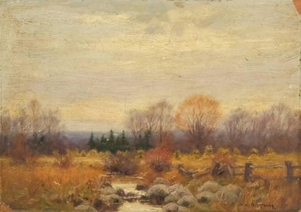 William Merritt Post, Autumn Landscape: William Merritt Post (New York/Connecticut, 1856-1935) oil on canvas laid down on panel depicting stream in a late fall New York landscape, signed l.r. "W. Merritt Post" 7 1/8" x 10" panel, unframed.