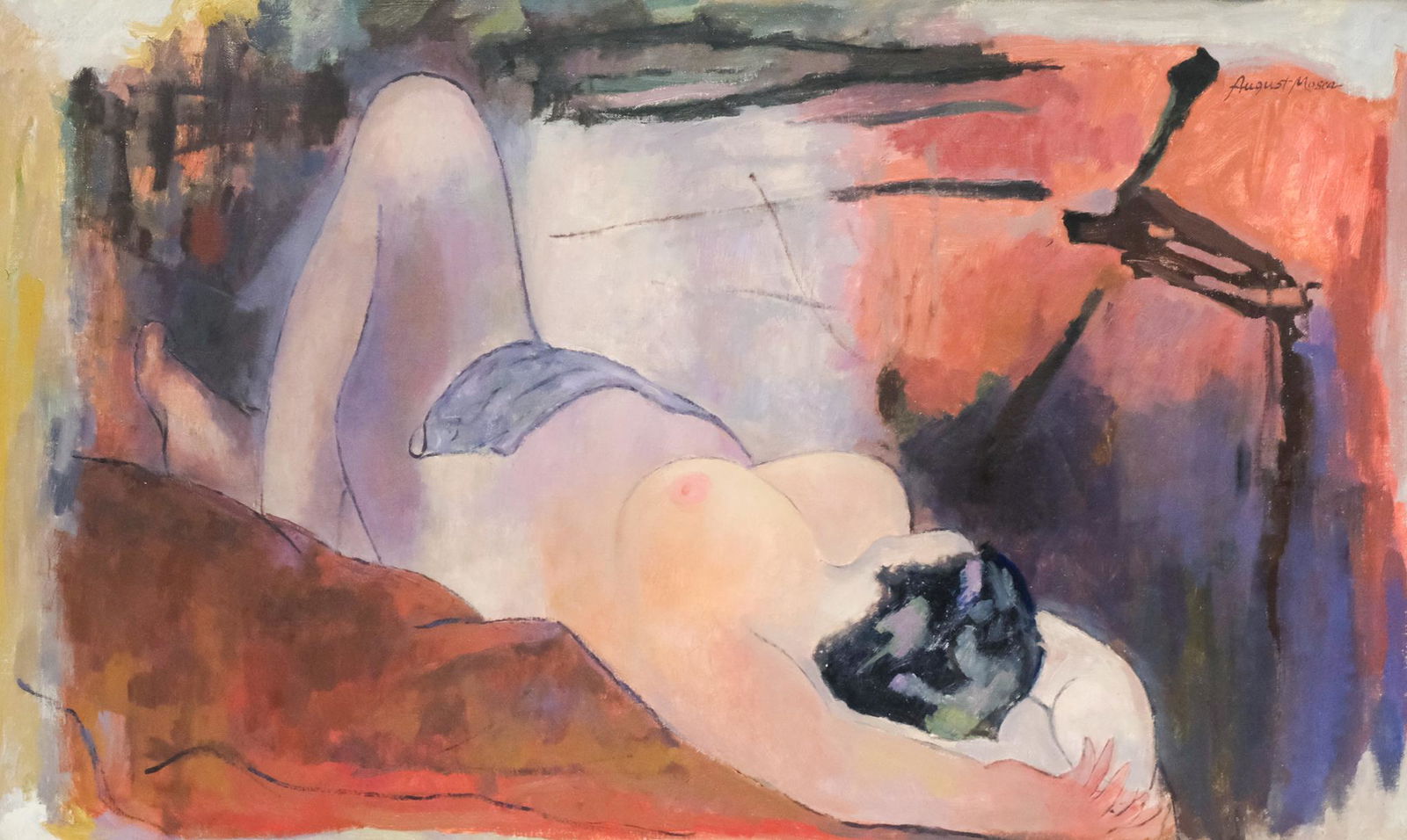 August Mosca, Nude Odalisque: American (1907 - 2003), modernist oil on canvas of a reclining female nude. housed in a fine custom giltwood frame. Signed U.R. "August Mosca". 24 1/4" x 40" canvas, 44 1/2" x 29" framed.