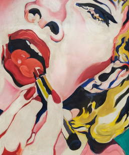 Raoul Middleman, "Cherry, 1964": Raoul F. Middleman (American, born 1935), oil on canvas depicting a woman putting on red lipstick. Signed in the paint, top left "Middleman". 30" x 36" canvas, 30 3/4" x 36 3/4" framed.