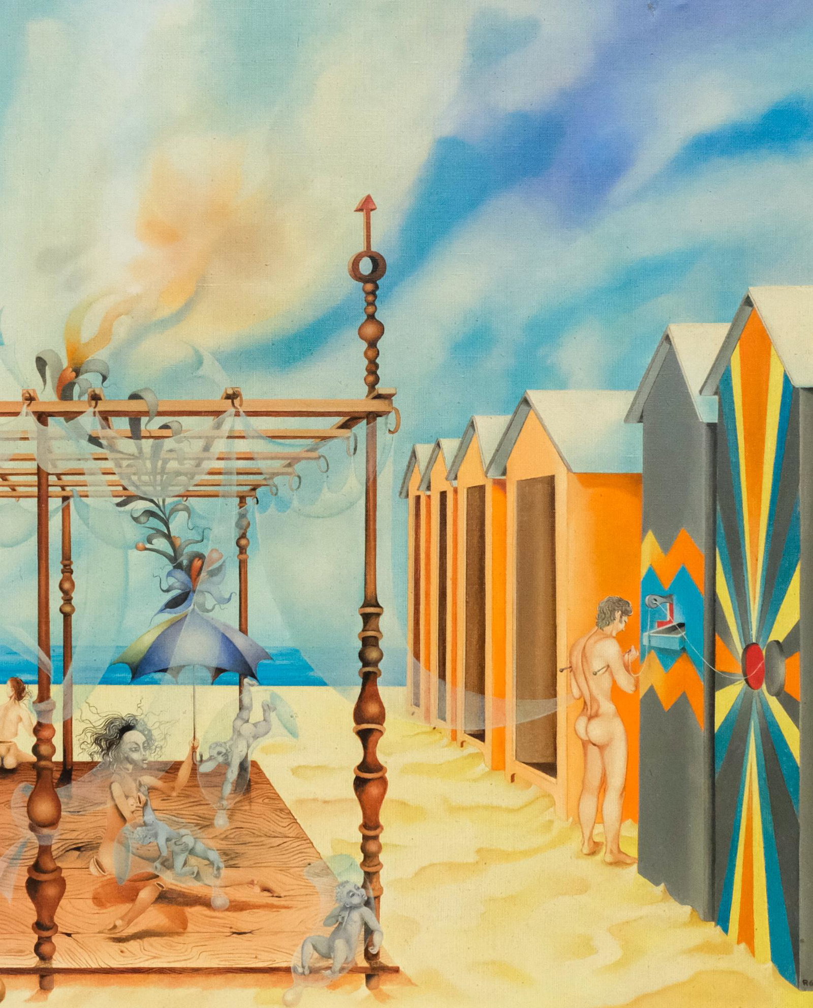Roberto Garcia York, "3 Souvenir D'ete": Roberto Garcia York (1929-2005) oil on canvas Surrealistic composition depicting a beach in the south of France, signed l.r. "R.G.Y." signed and titled verso, 23 1/2" x 28 3/4" canvas, 29 1/4" x 34 1/