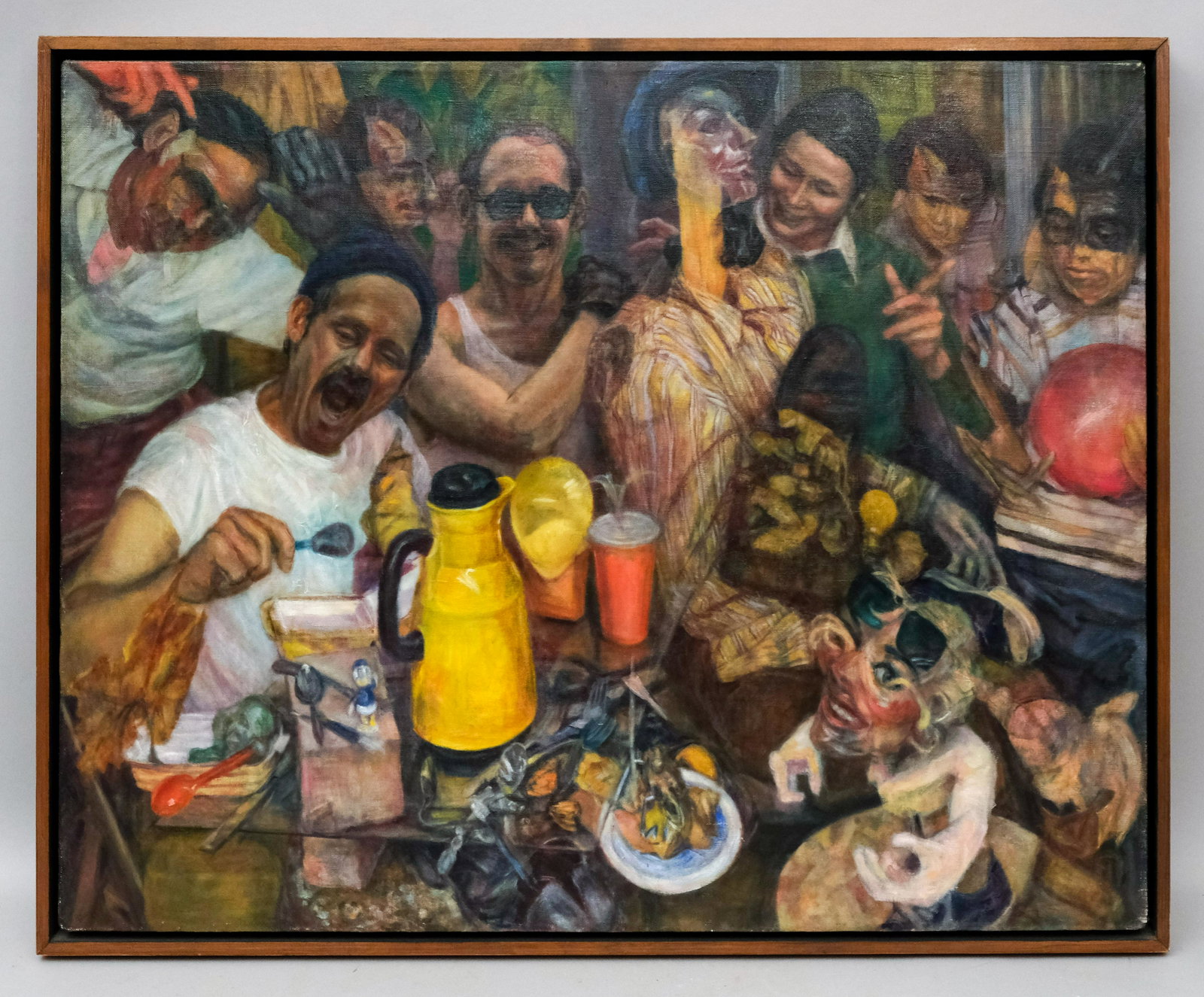 Dean Byerley, "Singing Lesson": Dean Byerley, American, oil on canvas depicts a surreal scene with a lot going on, 24" x 30" canvas, 25 1/2" x 31 1/2" framed. Provenance: Babcock Galleries.