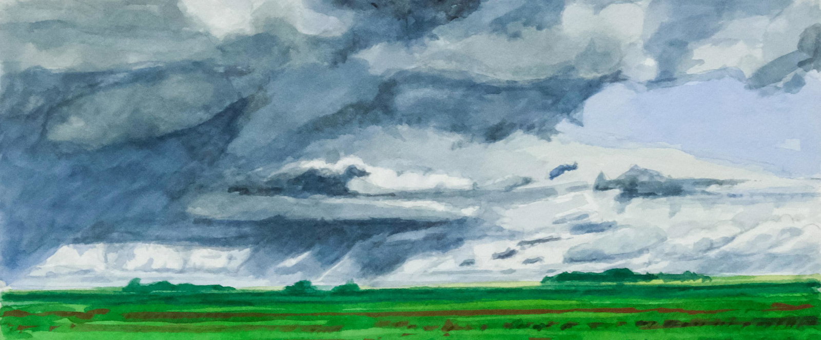Fred Peterson, "Advancing Rain": Fred Peterson, 2000, watercolor on paper depicting an advancing storm over a field, signed and dated l.r. "Fred Peterson, January 2000", 5 1/2" x 12" on paper, 14" x 16" framed. Provenance: Babcock Ga